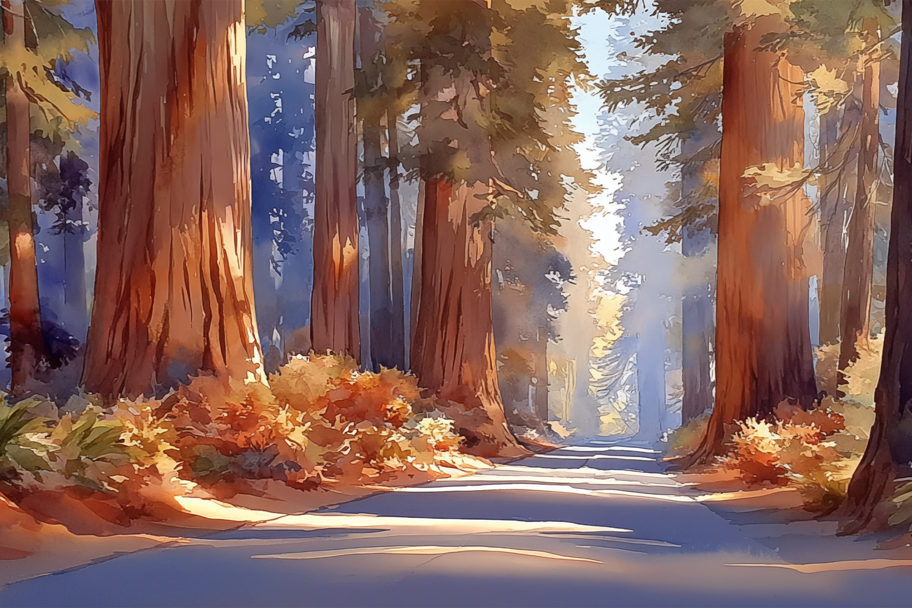 Northern California coastal and mountain landscape art featuring redwood forests and rugged coastline