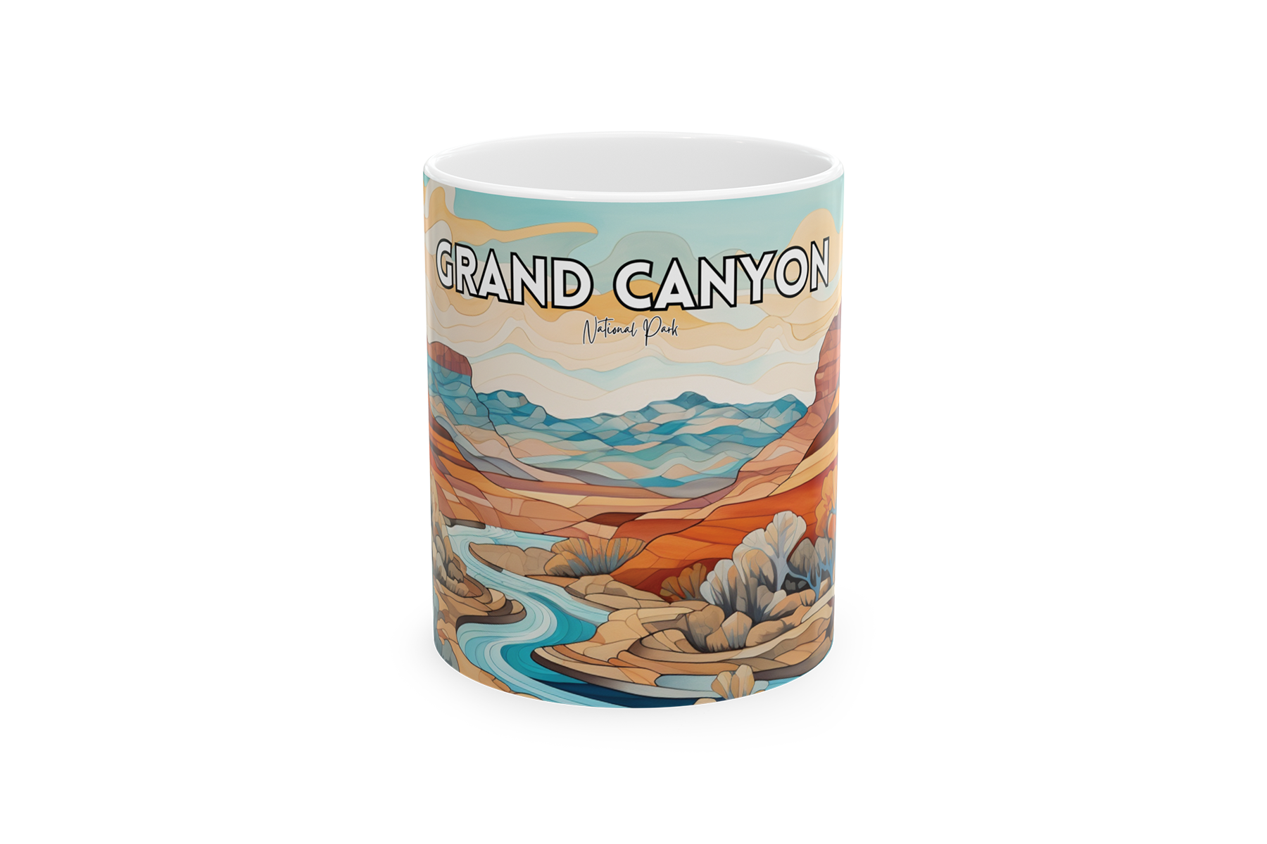 Colorful souvenir mug with an illustration of Grand Canyon, featuring canyon formations, river, and desert plants on a light blue background.