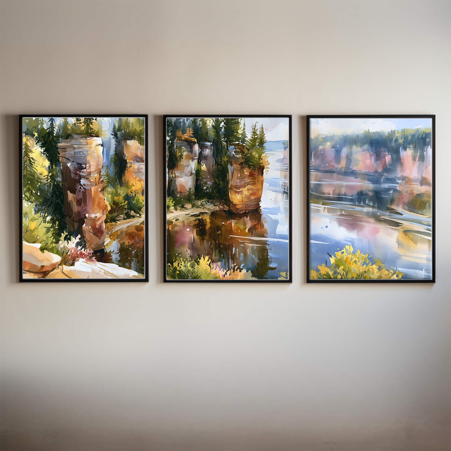 Wisconsin Dells Sandstone Cliff Watercolor Triptych Wall Art, Set of 3 River Prints