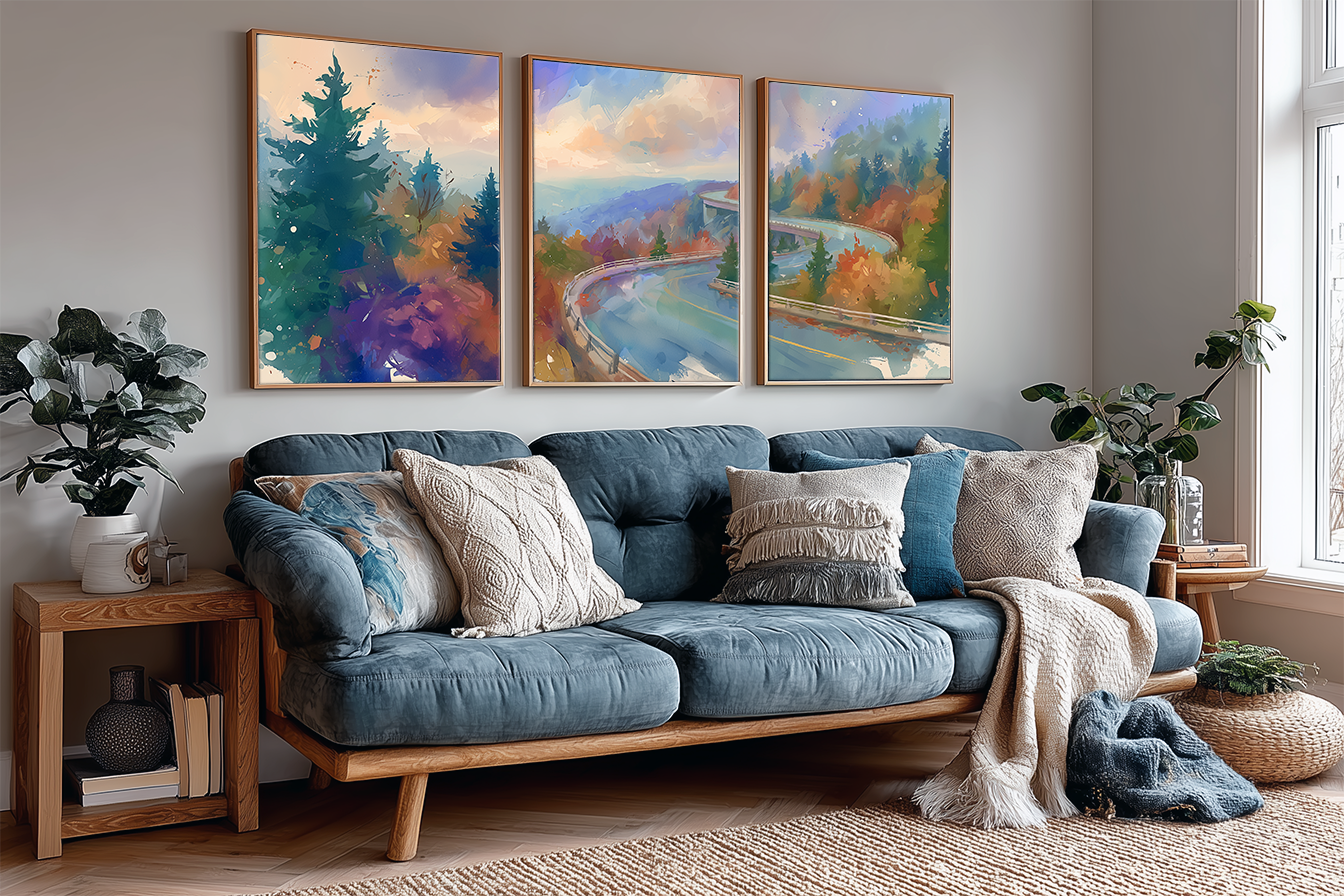 blue-ridge-parkway-autumn-road-north-carolina-watercolor-triptych-wall-art-angle-living-room.webp