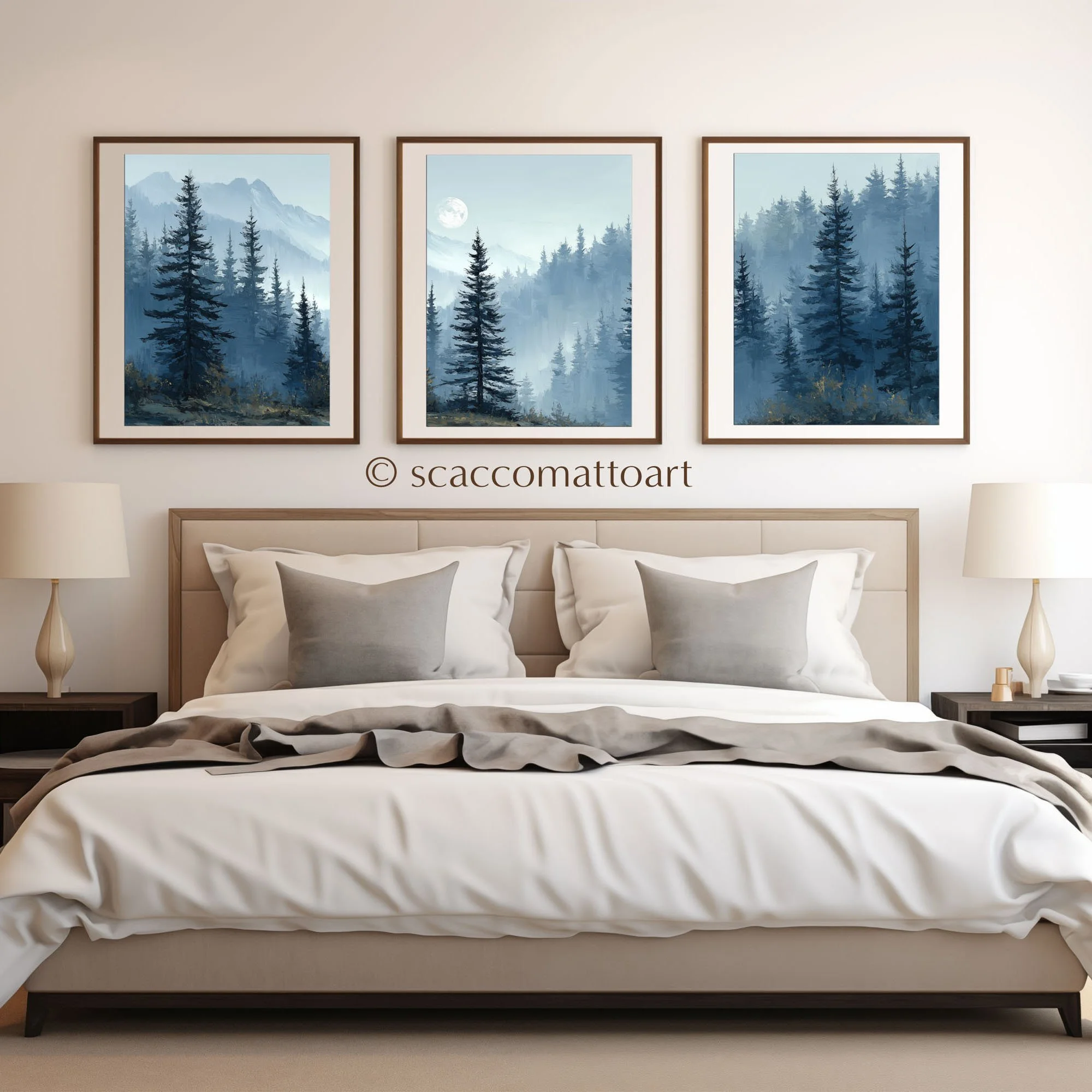 Olympic National Park by Moonlight watercolor triptych wall art styled above a bed