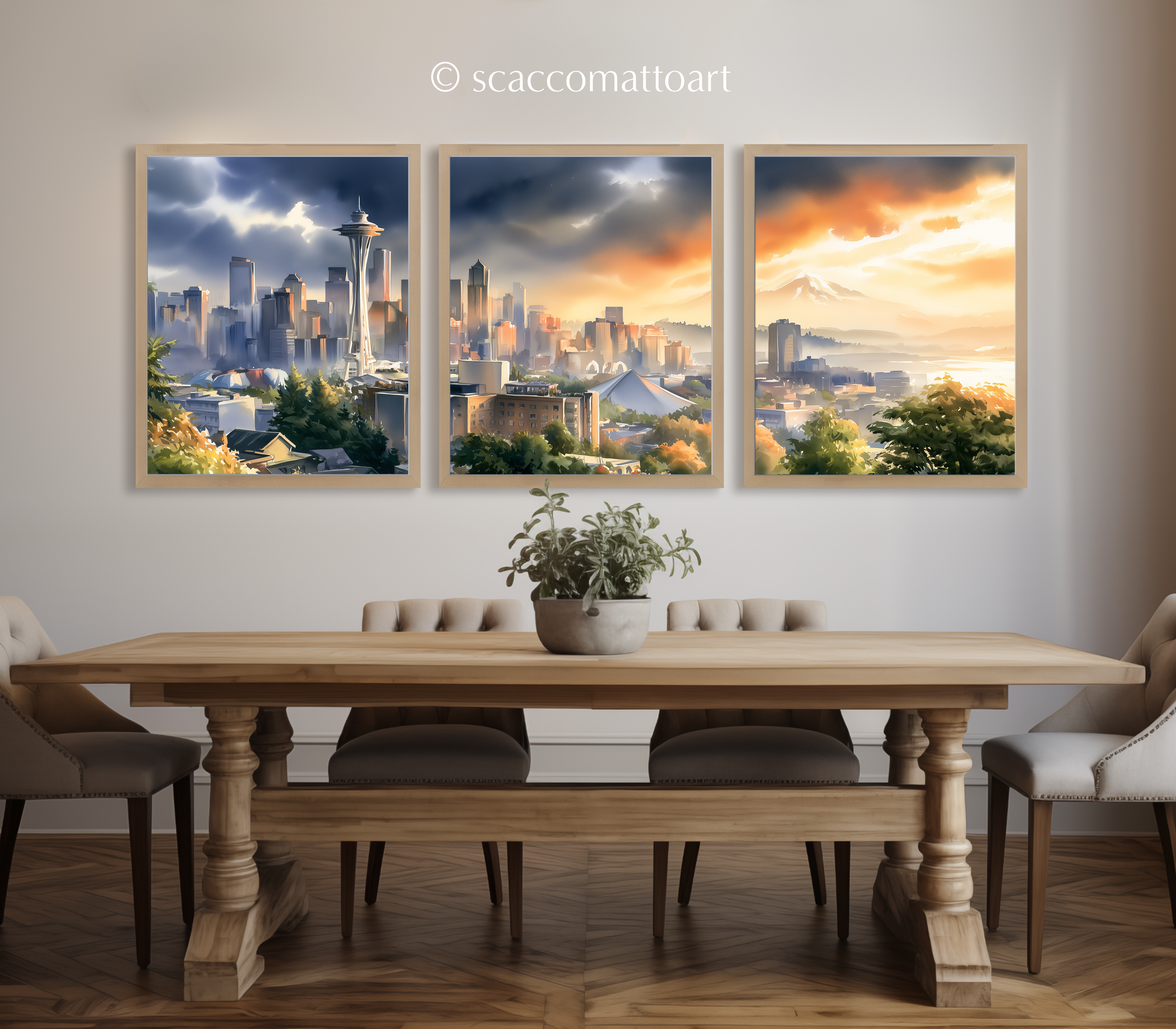 seattle-skyline-from-kerry-park-watercolor-triptych-wall-art-set-of-3-washington-city-prints-dining-room.webp