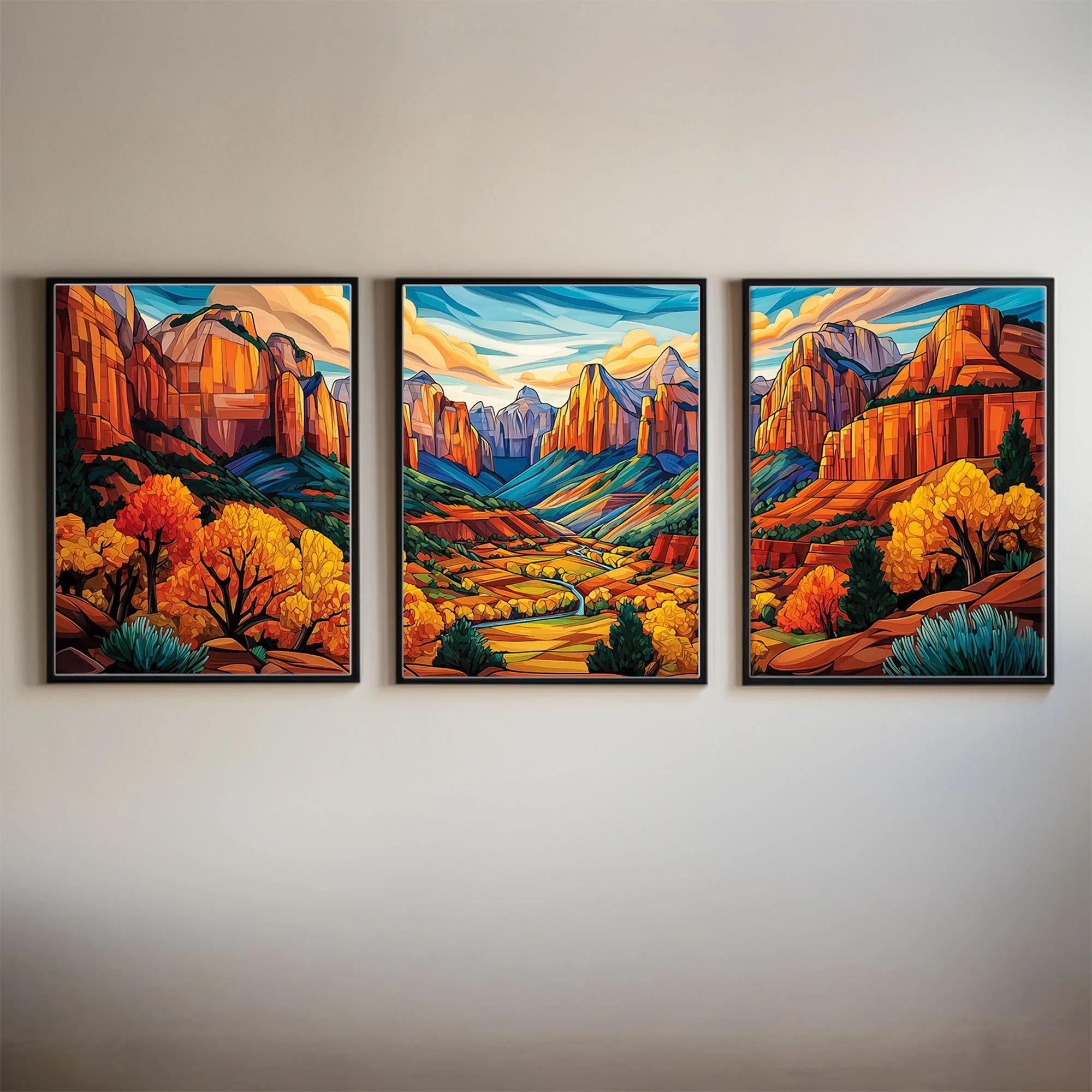 Kolob Canyons in Fall Abstract Acrylic Artwork Giclée Triptych Print