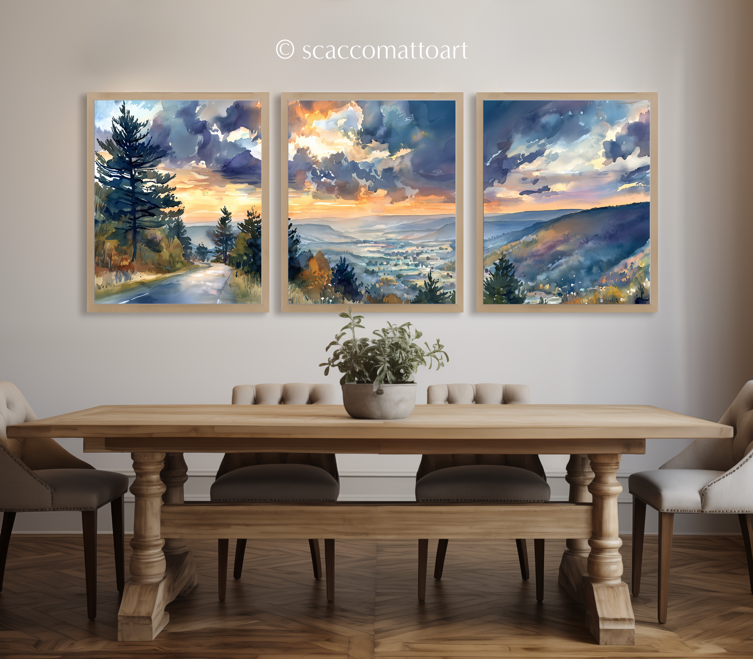 scenic-route-100-vermont-autumn-watercolor-triptych-wall-art-dining-room.webp