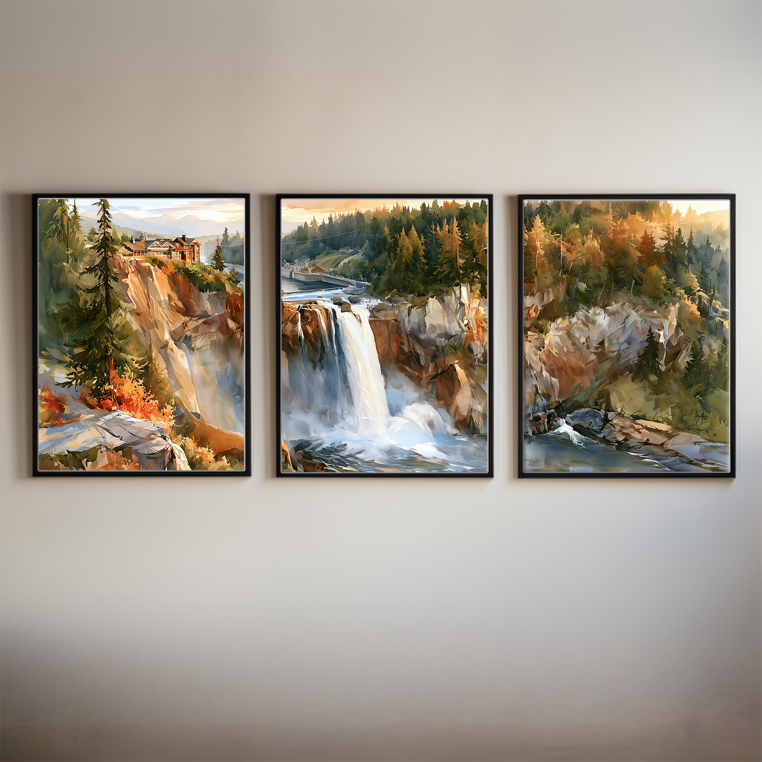 Snoqualmie Falls Washington Misty Waterfall Watercolor Triptych Wall Art, Set of 3 PNW Prints