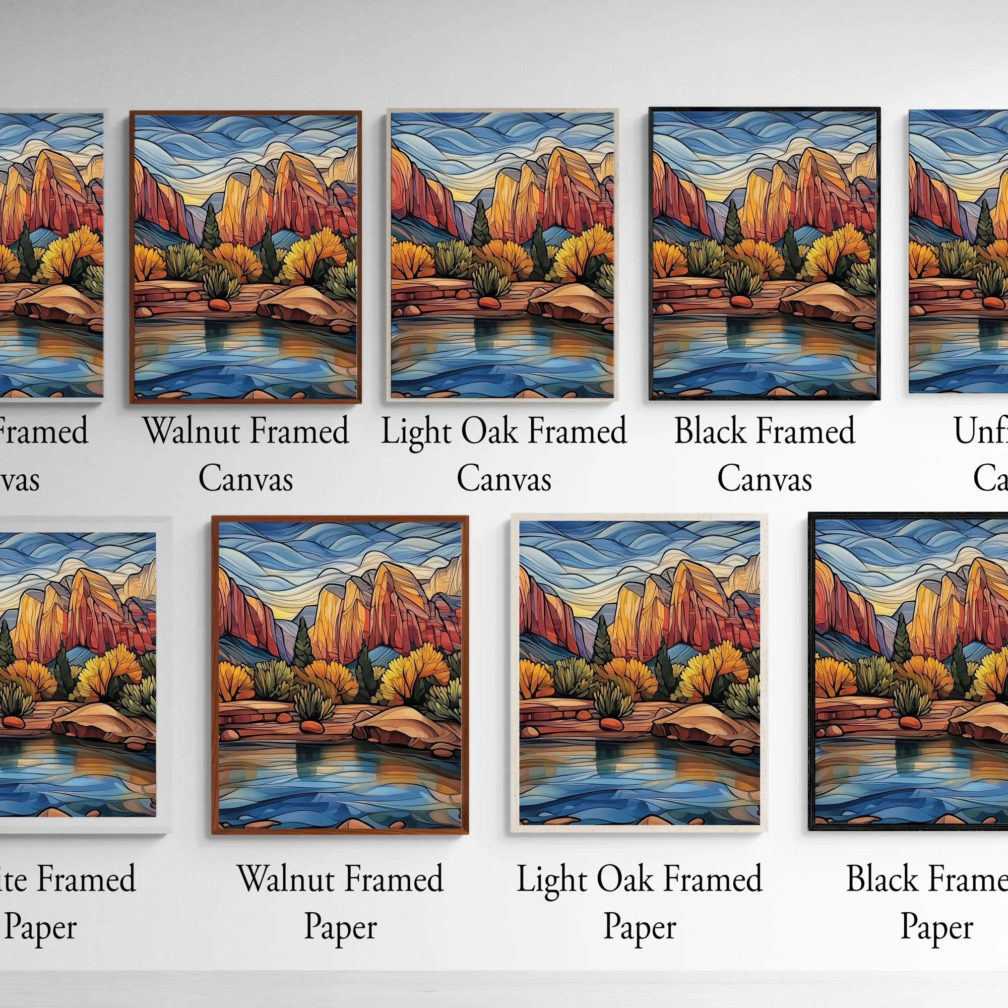 Frame and print material options for Zion National Park Emerald Pools abstract acrylic wall art