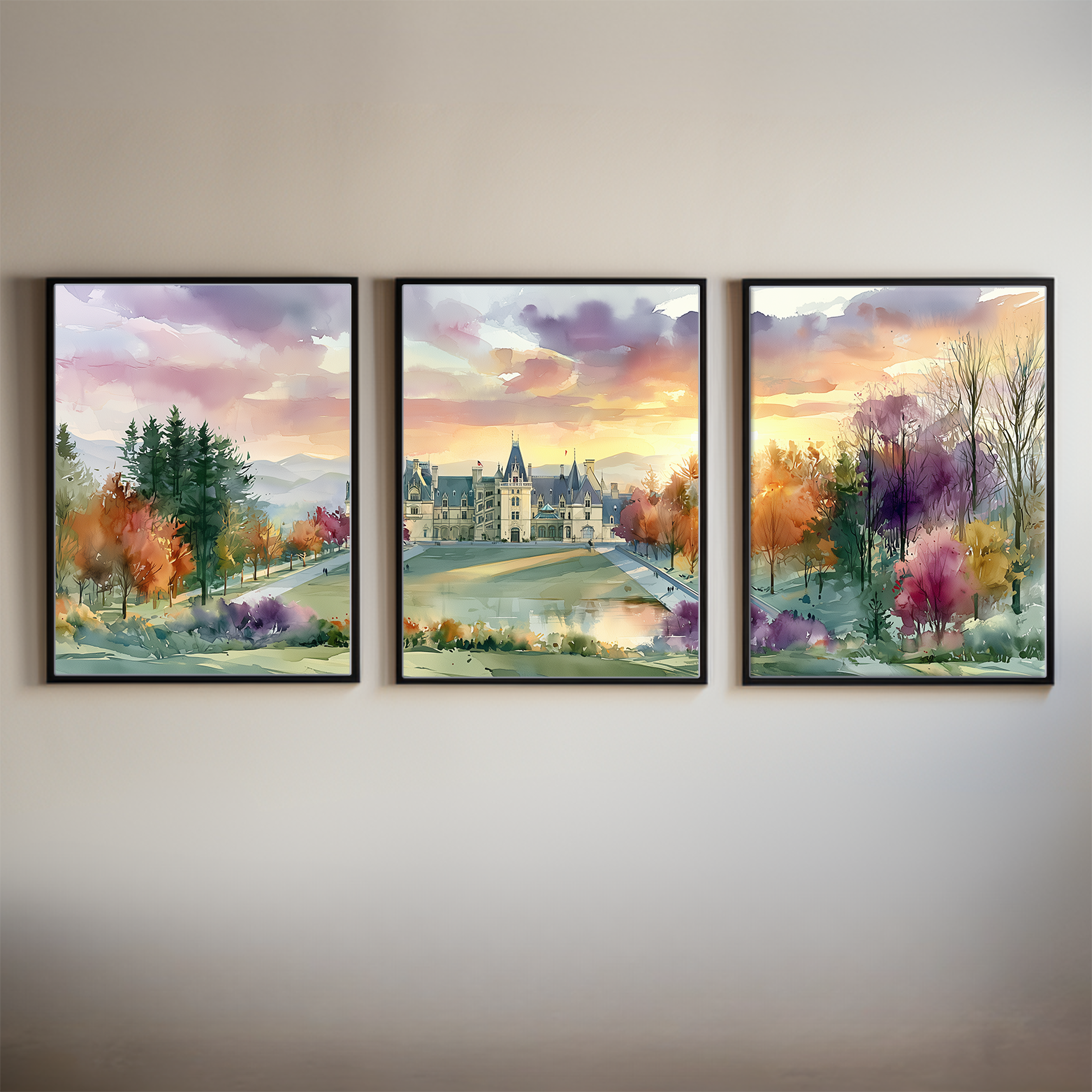 Biltmore Estate Asheville North Carolina Watercolor Triptych Wall Art, Set of 3 Historic Landscape Prints