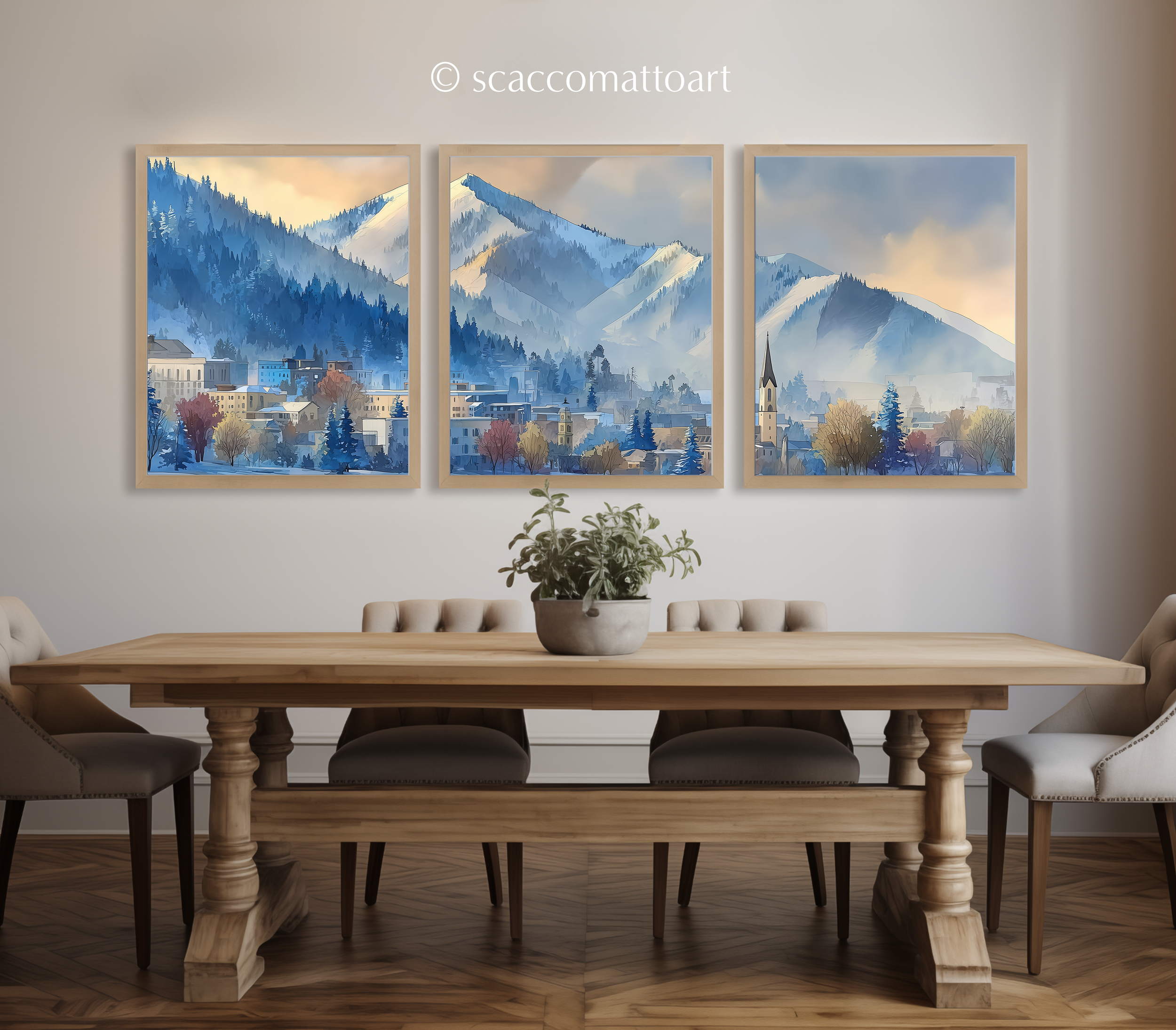 Park City and Wasatch Mountains watercolor triptych above a wooden dining table