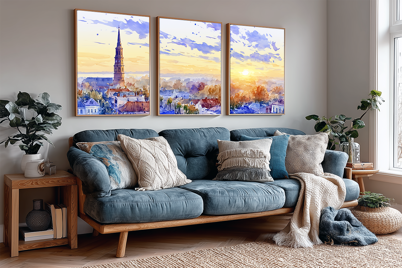 charleston-lowcountry-south-carolina-watercolor-triptych-wall-art-angle-living-room.webp