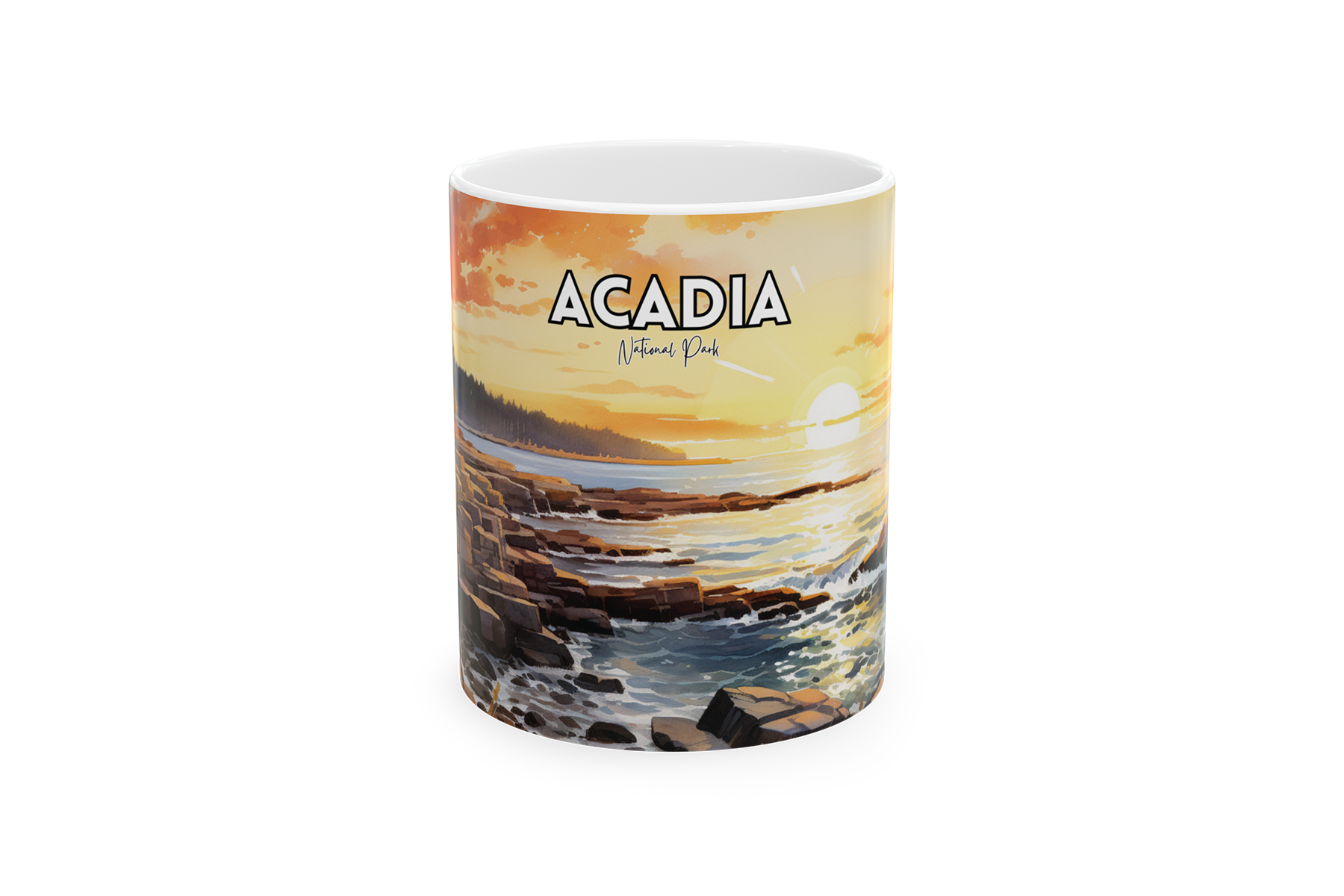 White Acadia National Park mug featuring warm sunset coastal artwork with rocky shoreline, ocean water, and bold park name text.