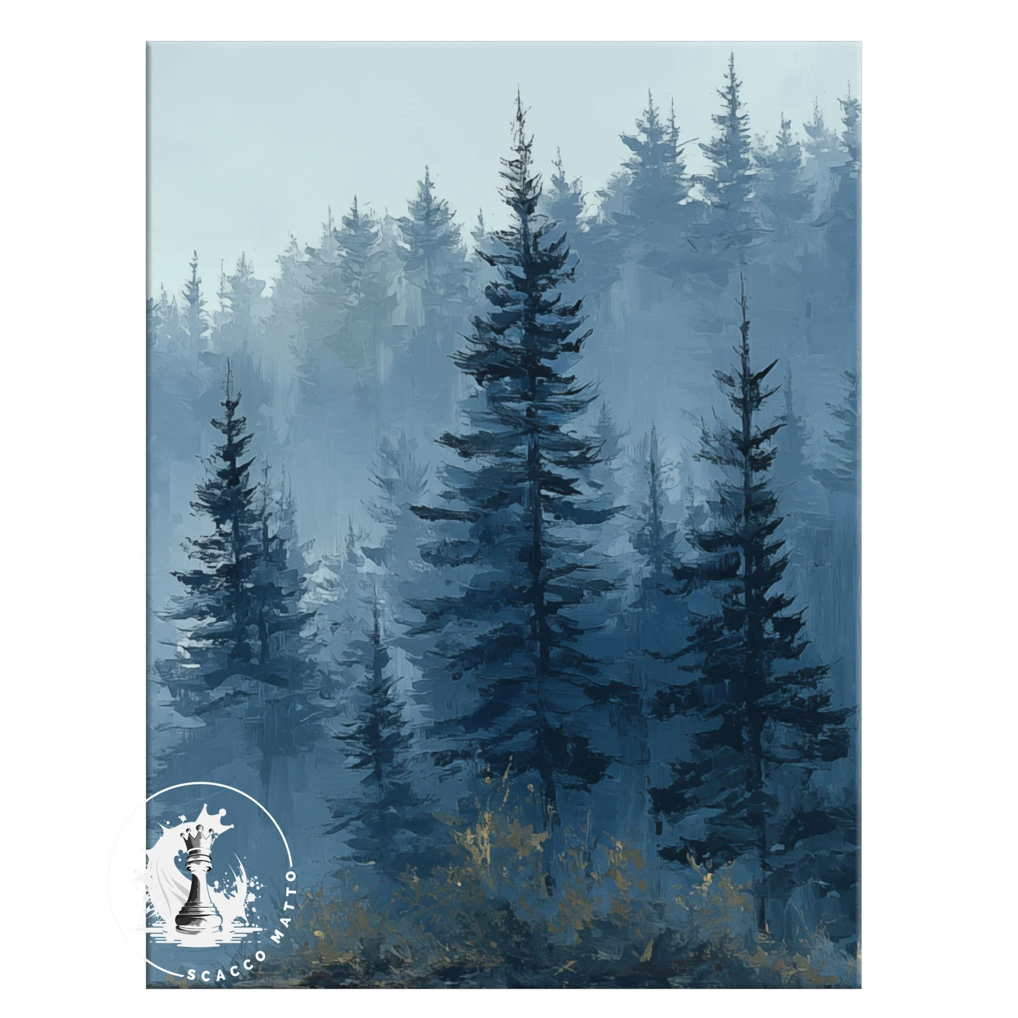 Close-up of Olympic National Park by Moonlight watercolor showing layered pines in cool blue mist