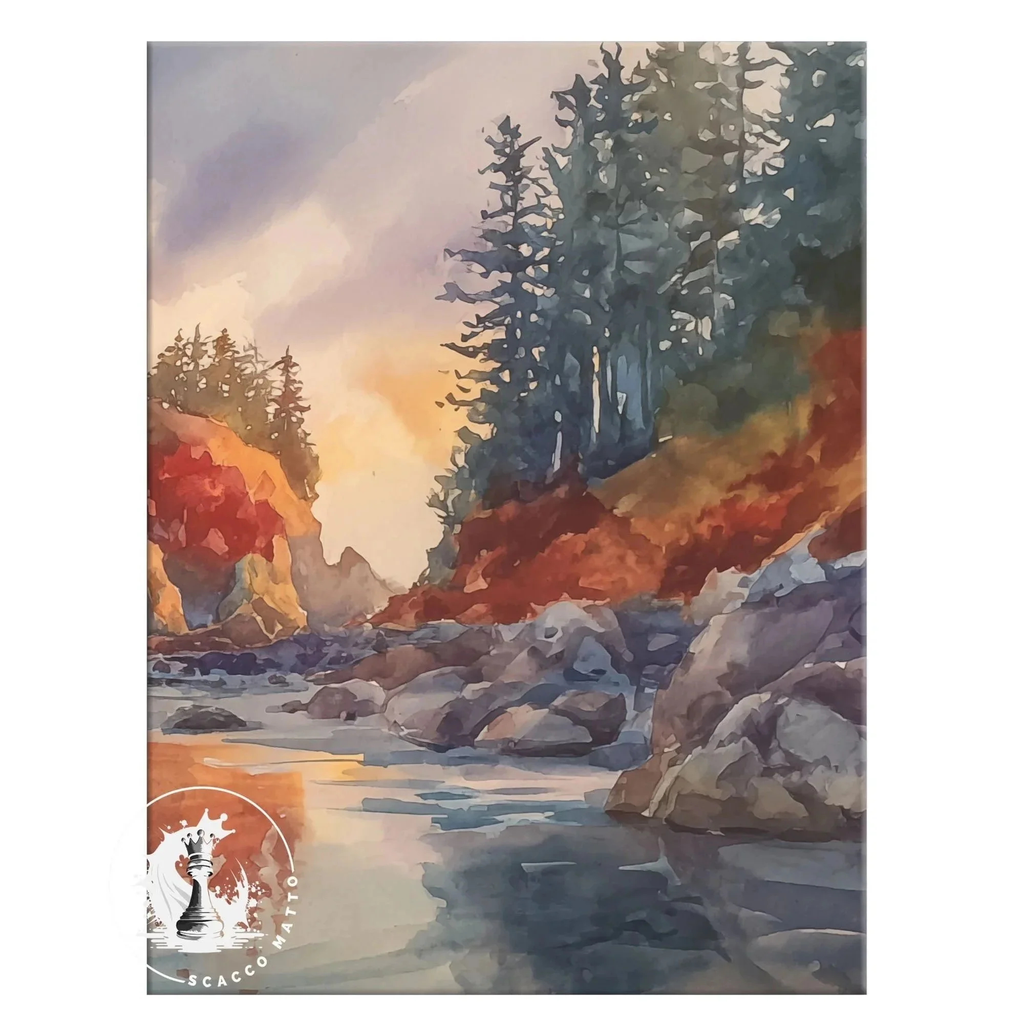Close-up of Olympic National Park Coastal Sunset Fireworks watercolor showing trees, rocky shore, and glowing sunset color