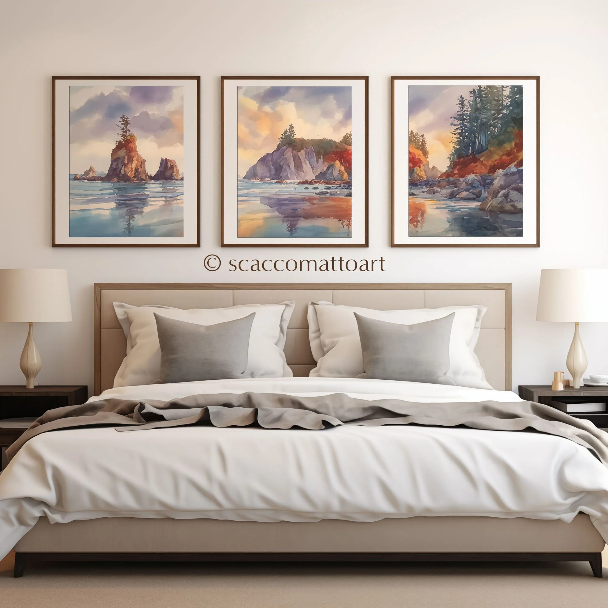 Olympic National Park Coastal Sunset Fireworks triptych wall art styled above a bed