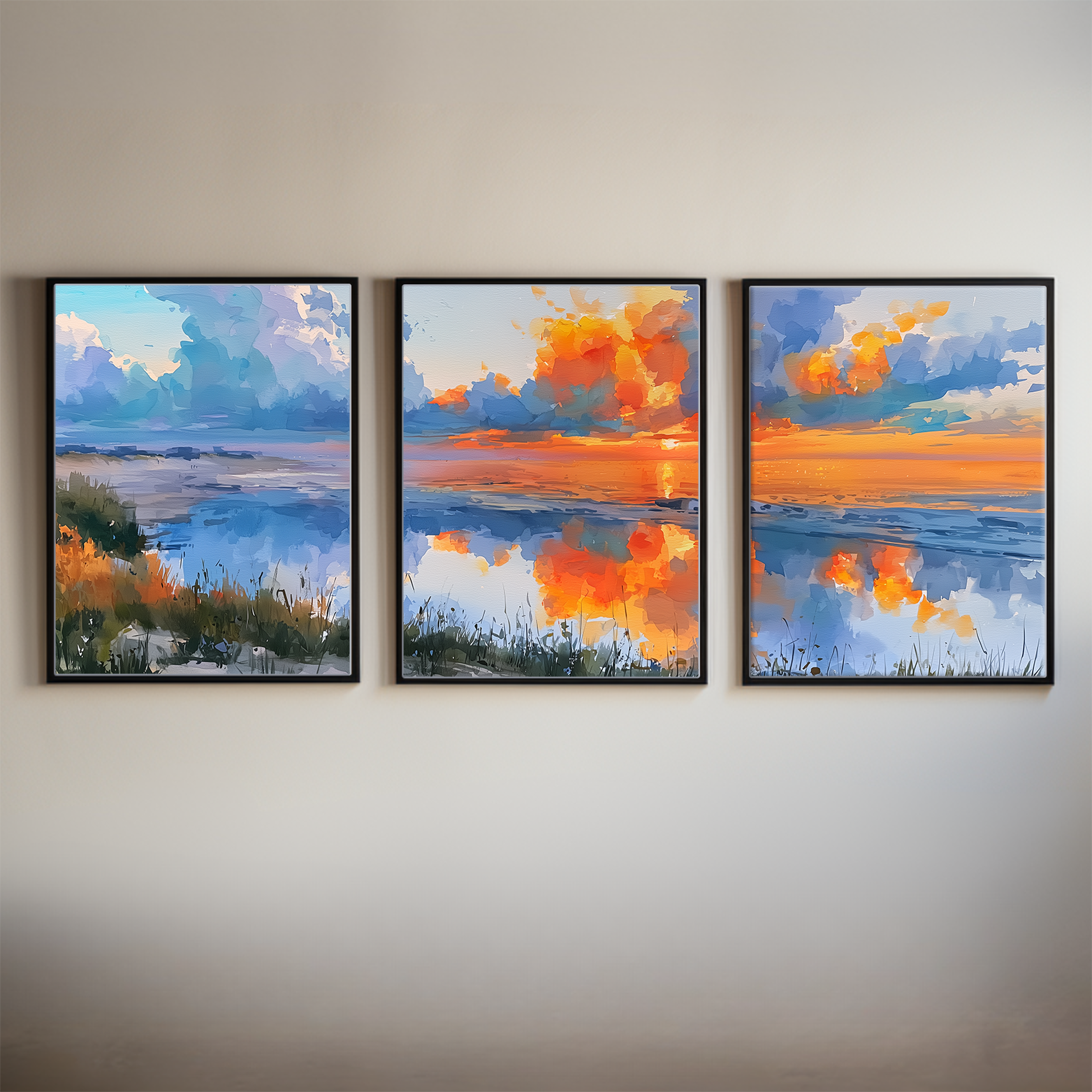 Three framed watercolor panels of a sunset reflected on the Finger Lakes in New York