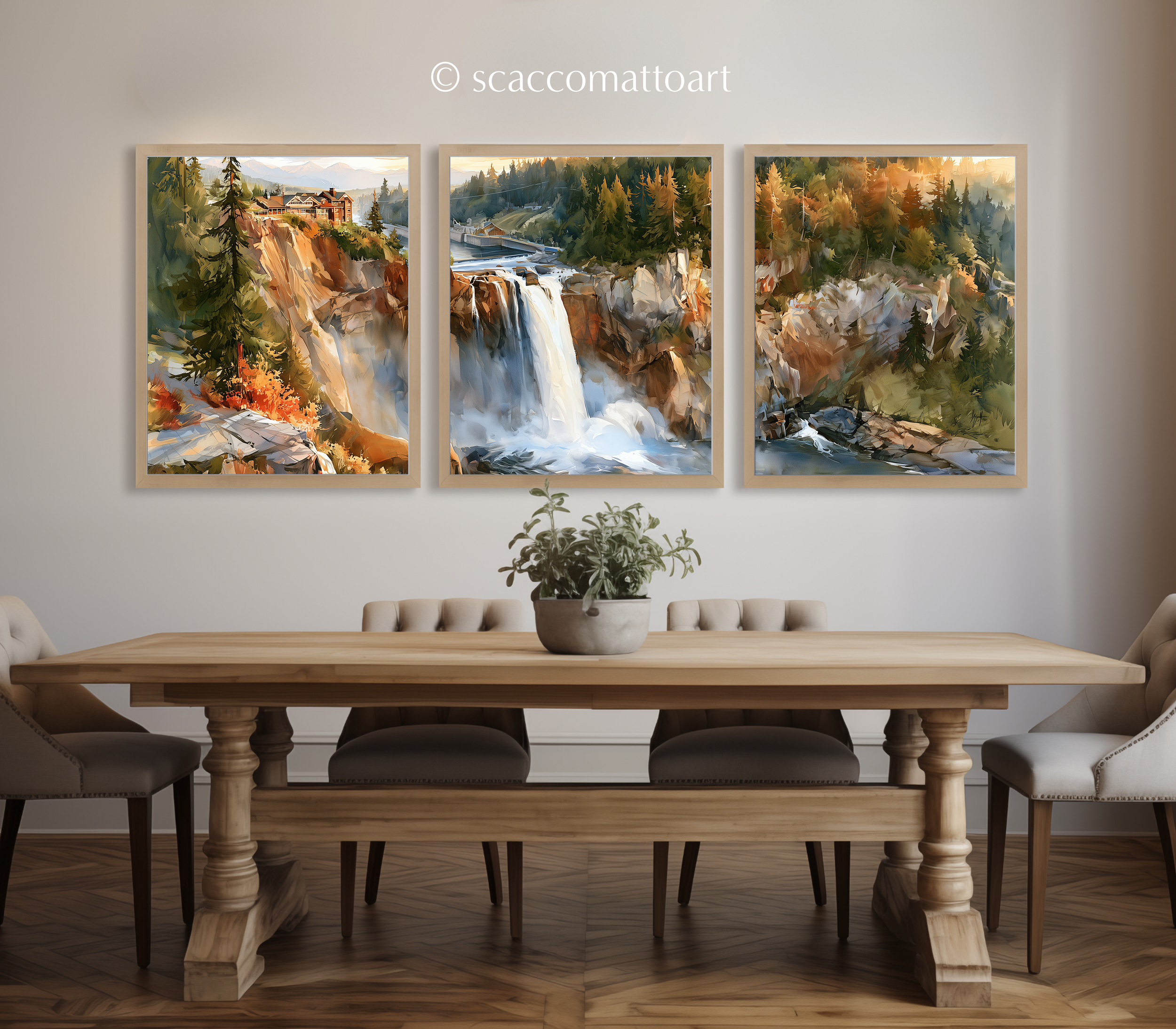 snoqualmie-falls-washington-misty-waterfall-watercolor-triptych-wall-art-set-of-3-pnw-prints-dining-room.webp