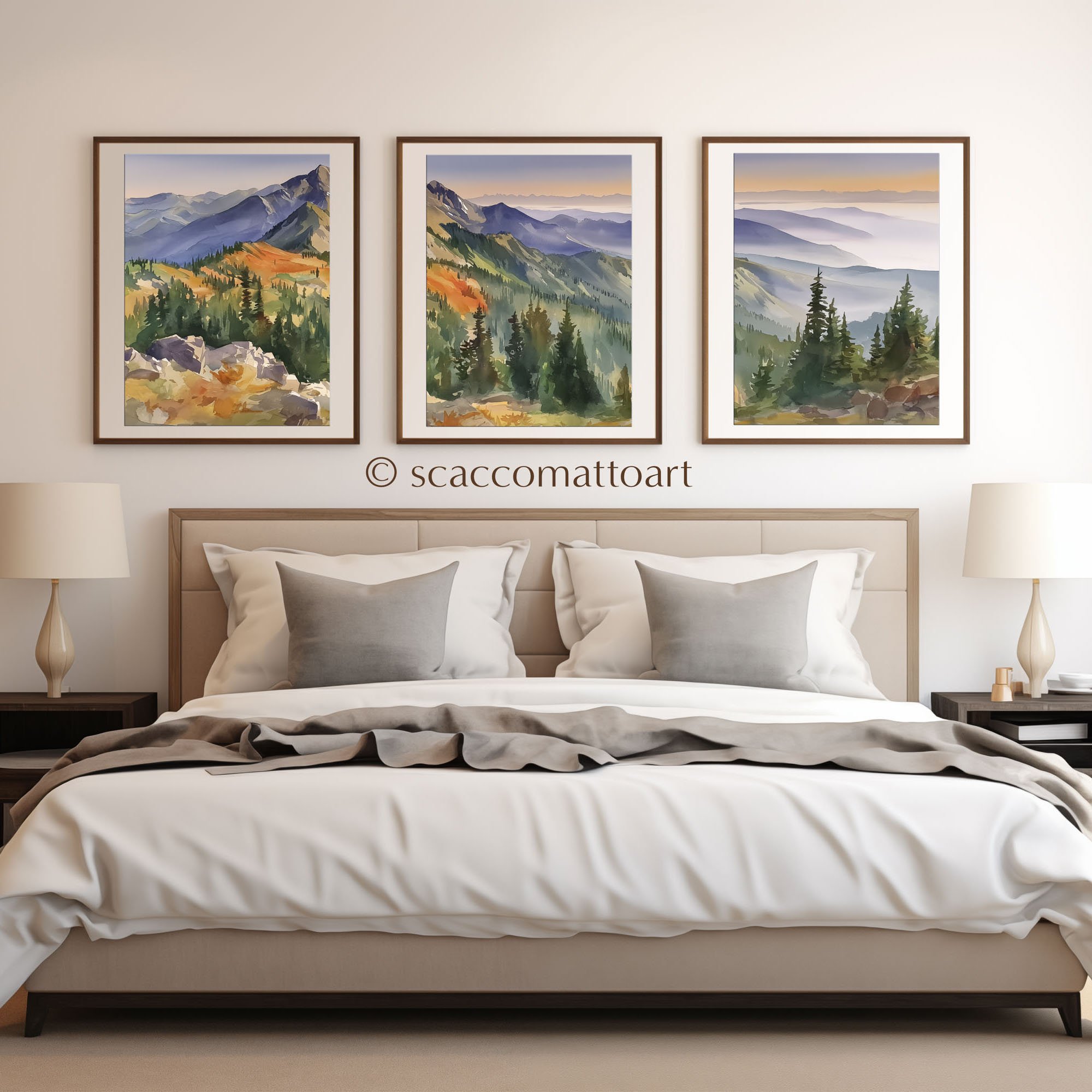 Olympic National Park Distant Mist watercolor triptych wall art styled above a bed