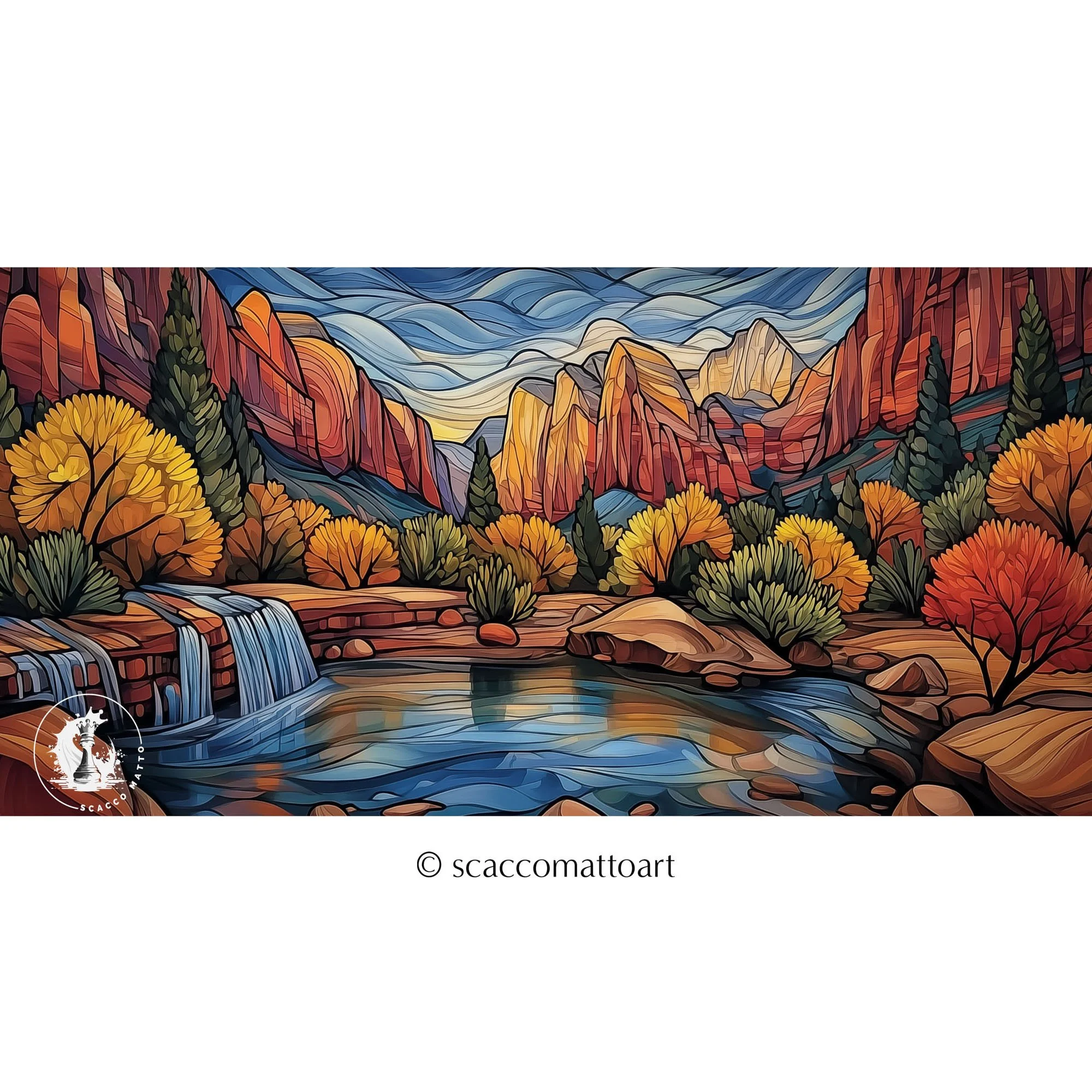 Zion National Park Emerald Pools abstract acrylic panoramic landscape with water, canyon walls, and autumn color