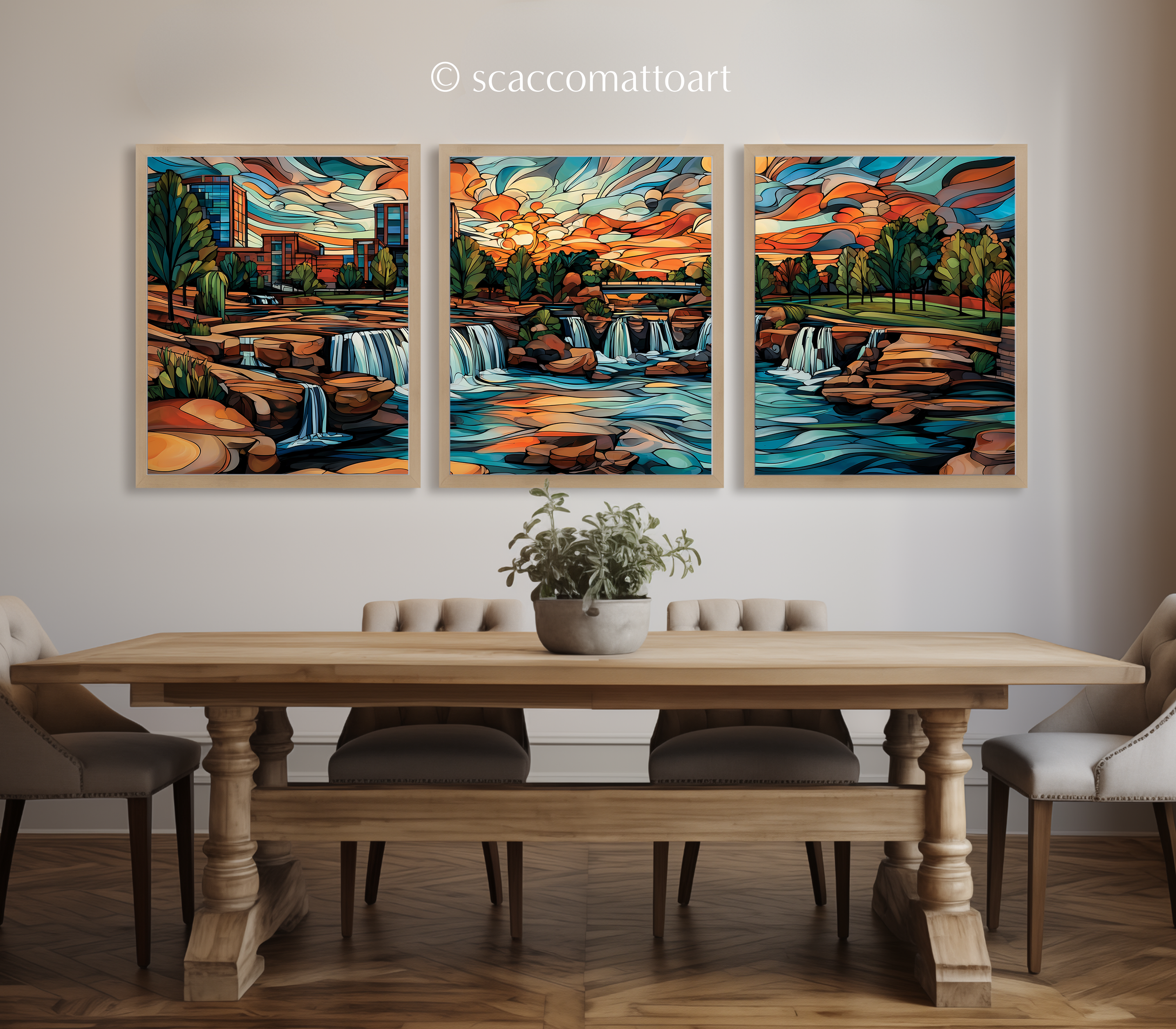falls-park-on-the-reedy-greenville-south-carolina-watercolor-triptych-wall-art-dining-room.webp