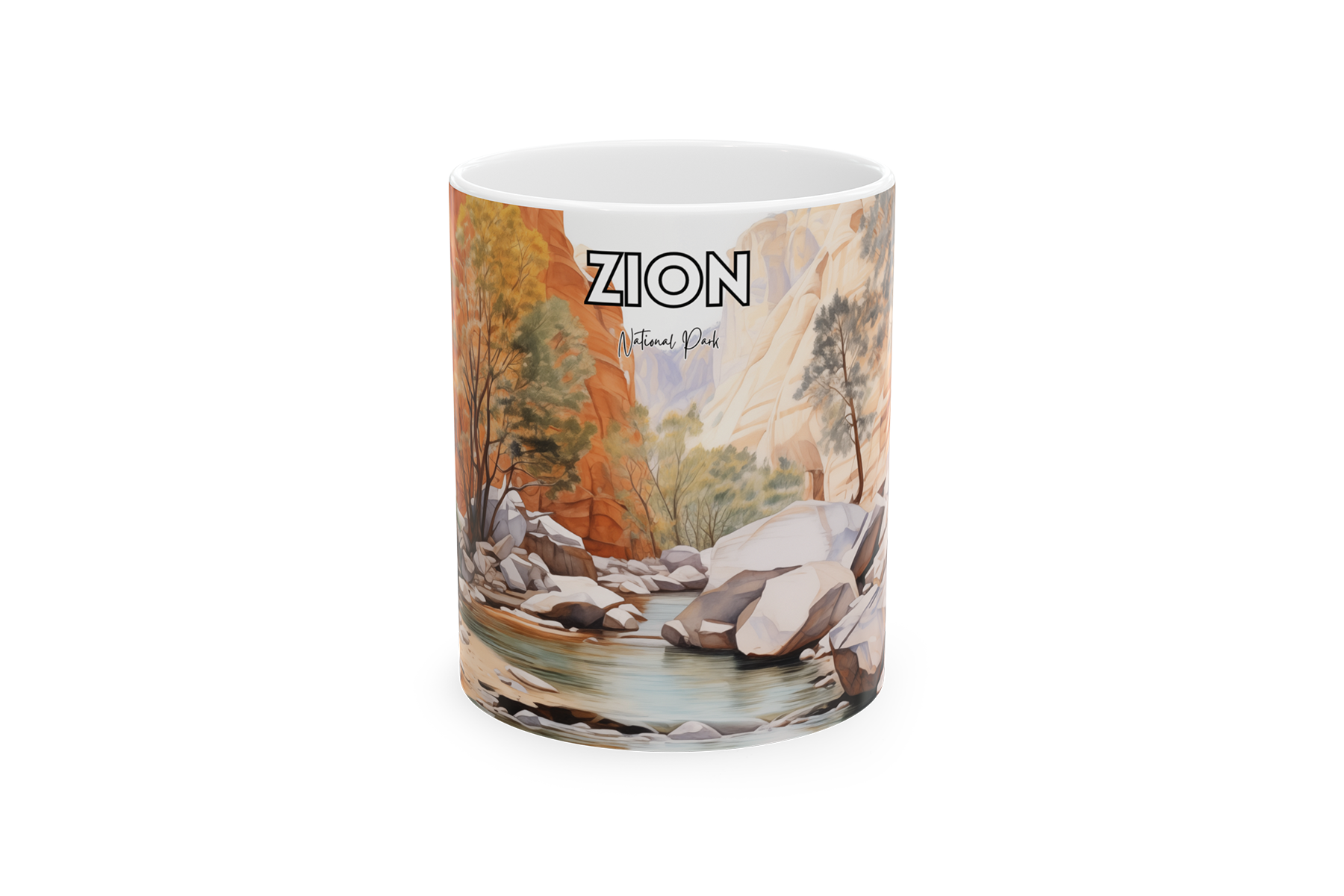 Ceramic mug with Zion National Park canyon watercolor artwork