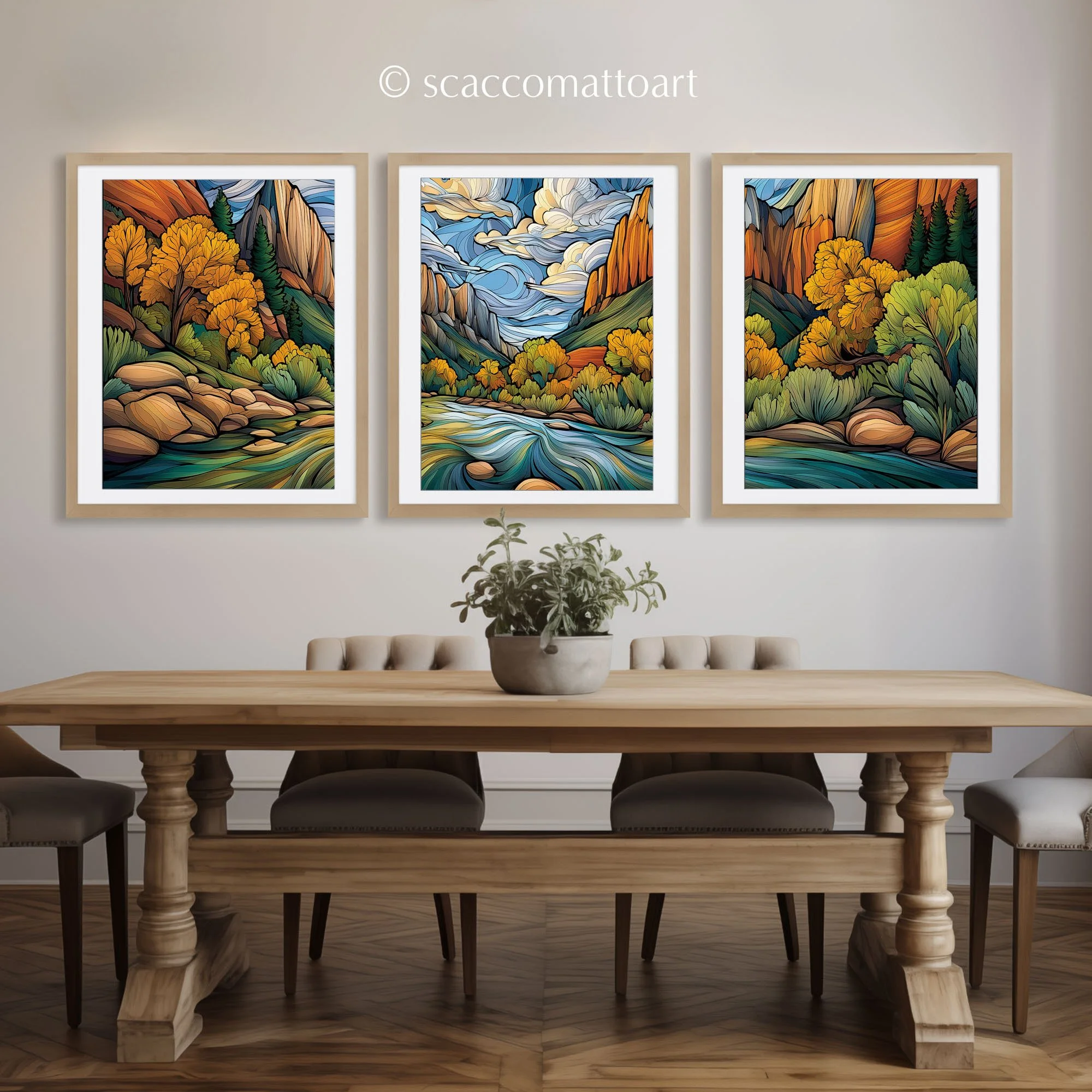 Framed Kolob Canyons Zion National Park abstract acrylic triptych displayed above a dining table in a warm neutral interior.