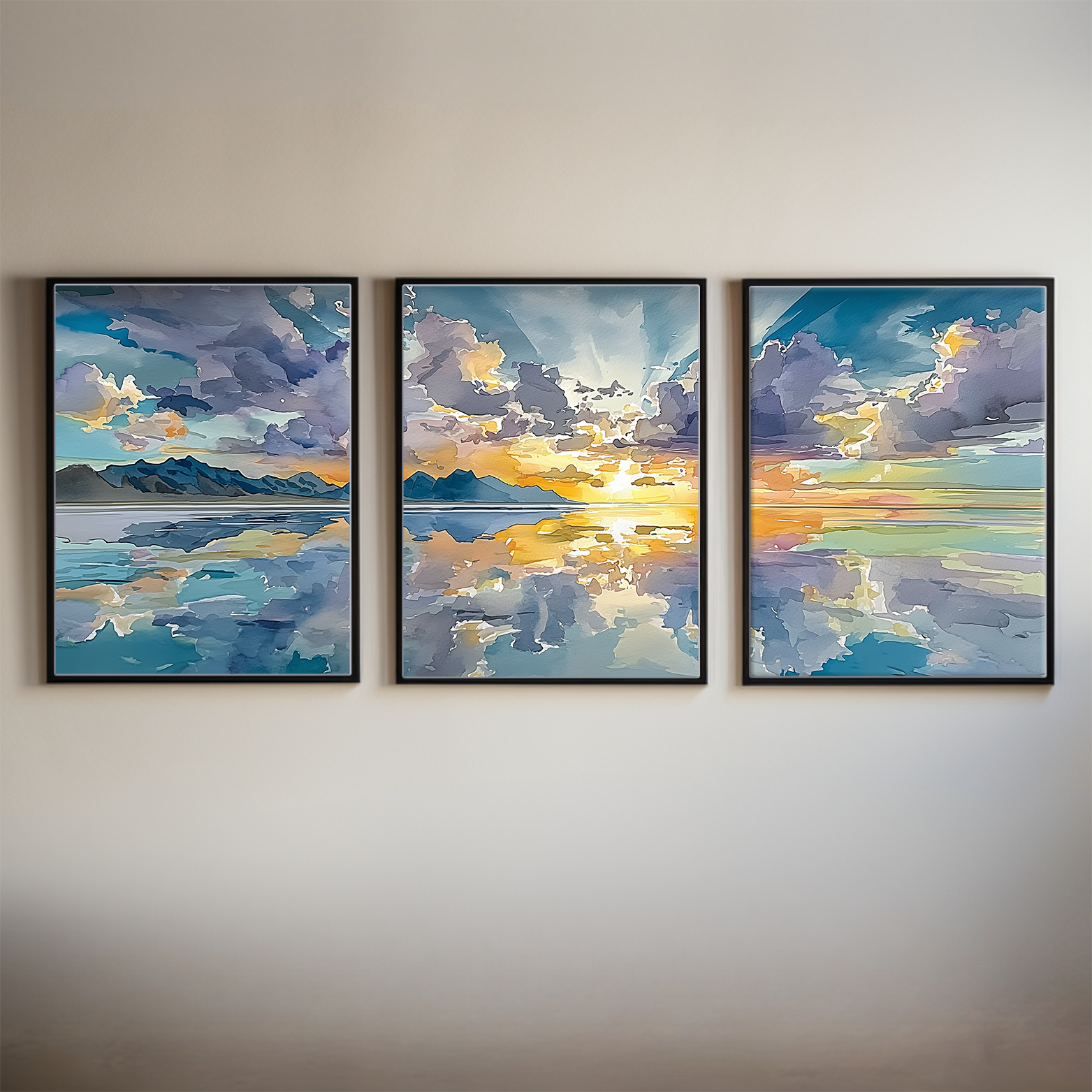 Bonneville Salt Flats Utah Watercolor Triptych Wall Art, Set of 3 Desert Landscape Prints