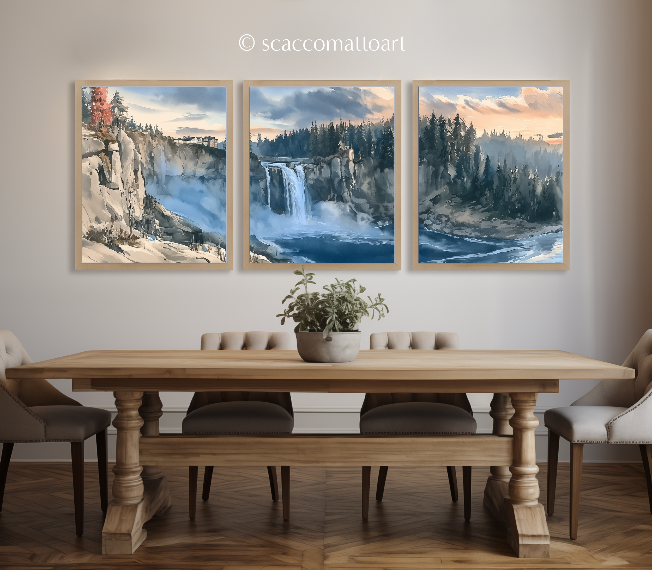 snoqualmie-falls-sunset-watercolor-triptych-wall-art-set-of-3-washington-waterfall-prints-dining-room.webp