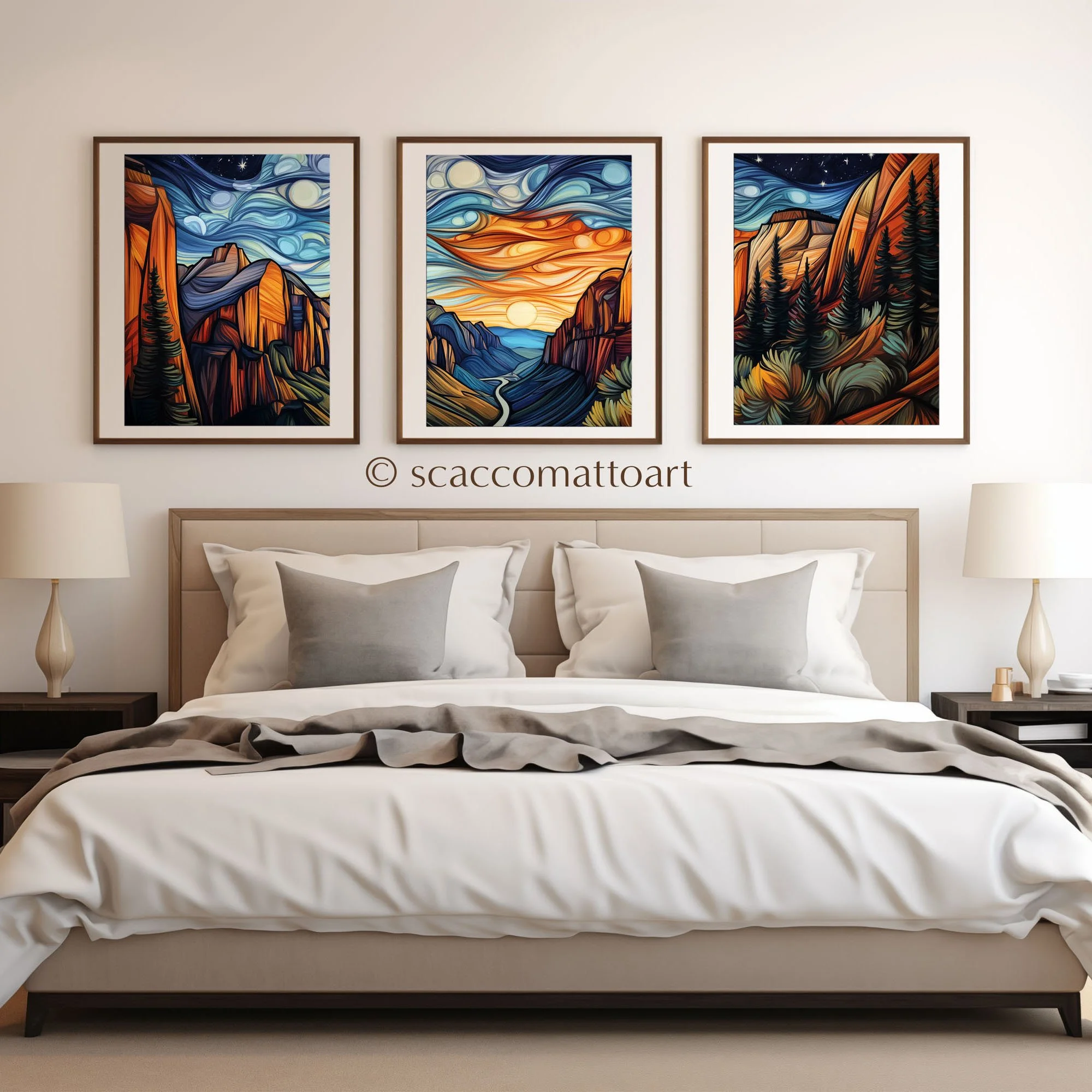 Zion National Park Zion Canyon Overlook Sunrise abstract acrylic triptych wall art styled above a bed