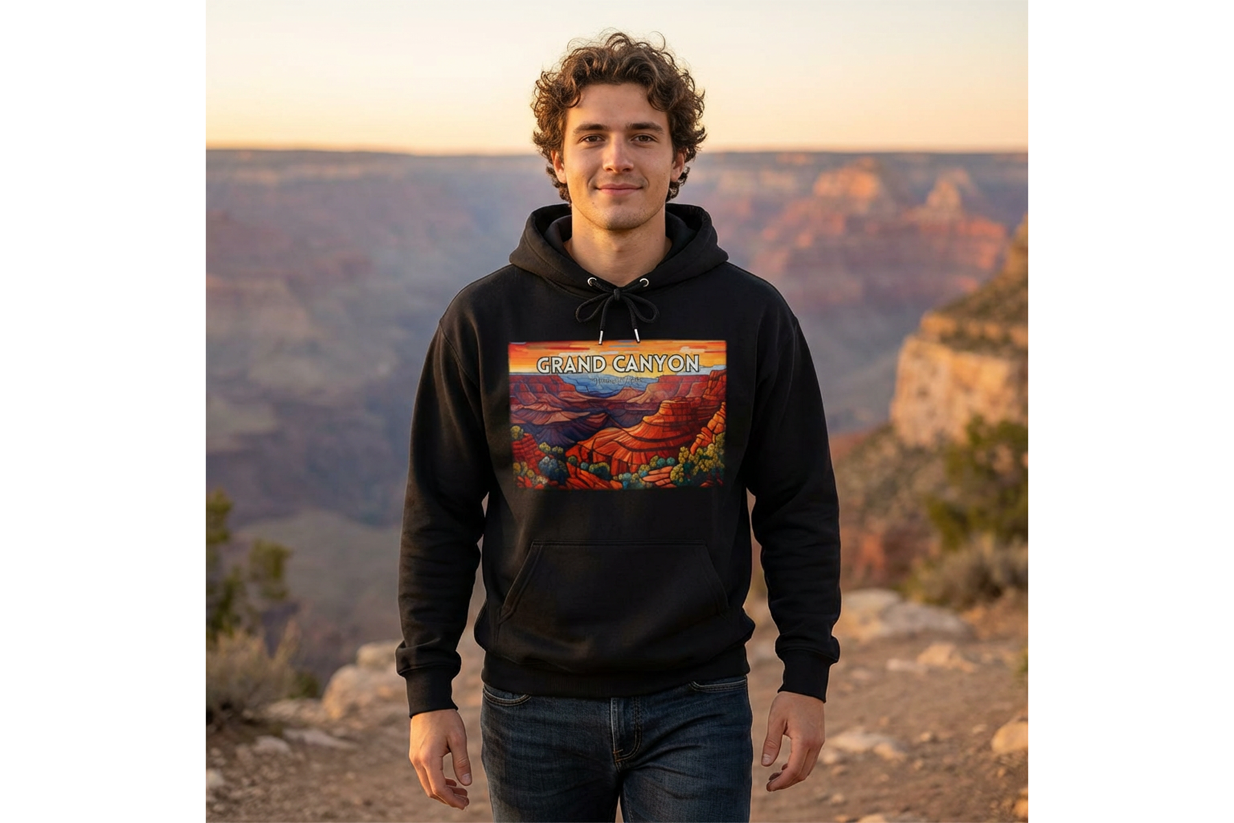 A young man with curly hair stands outdoors at sunset near the Grand Canyon, wearing a black hoodie with a colorful Grand Canyon graphic and the text 'GRAND CANYON' on it.