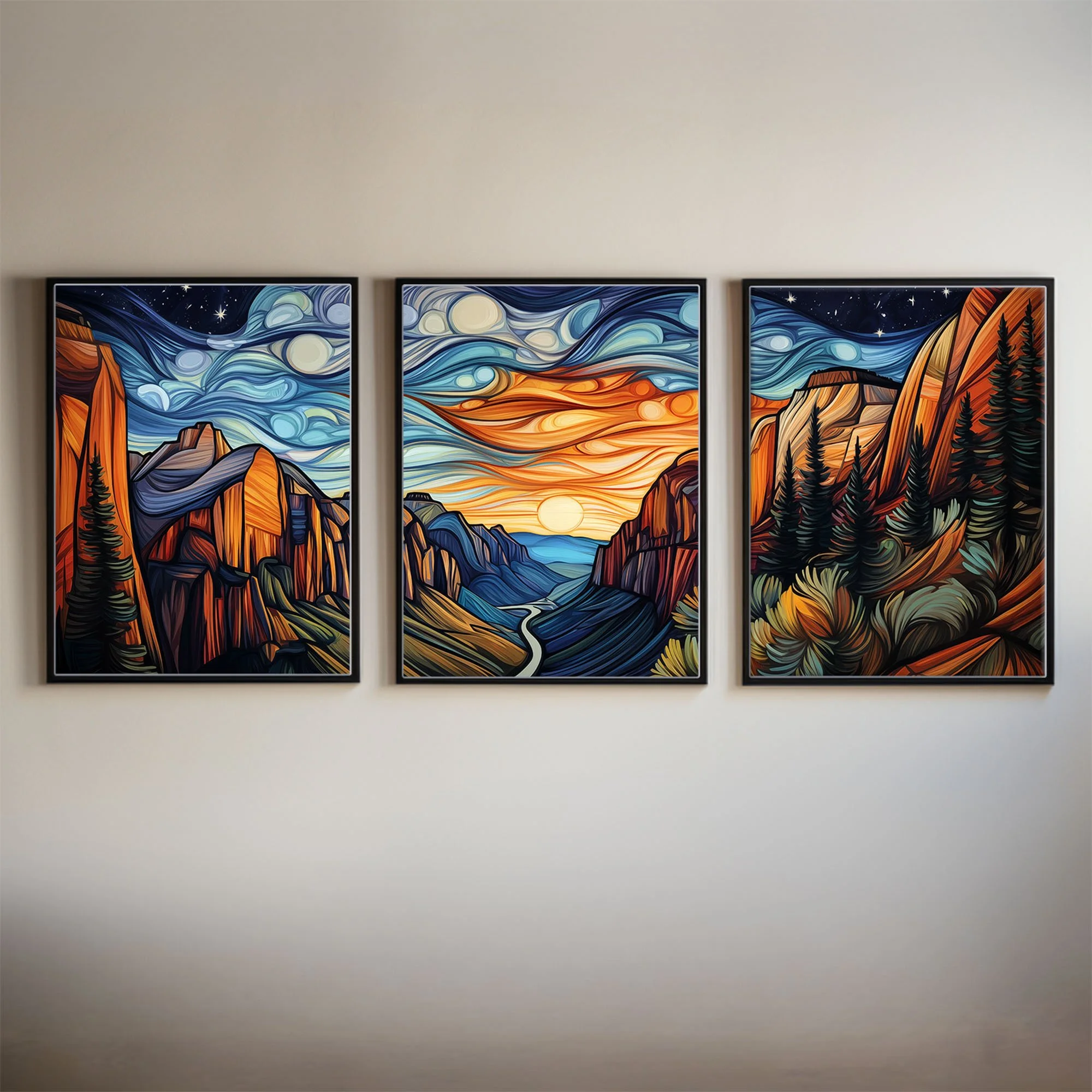 Framed Zion National Park Zion Canyon Overlook Sunrise abstract acrylic triptych on a neutral interior wall
