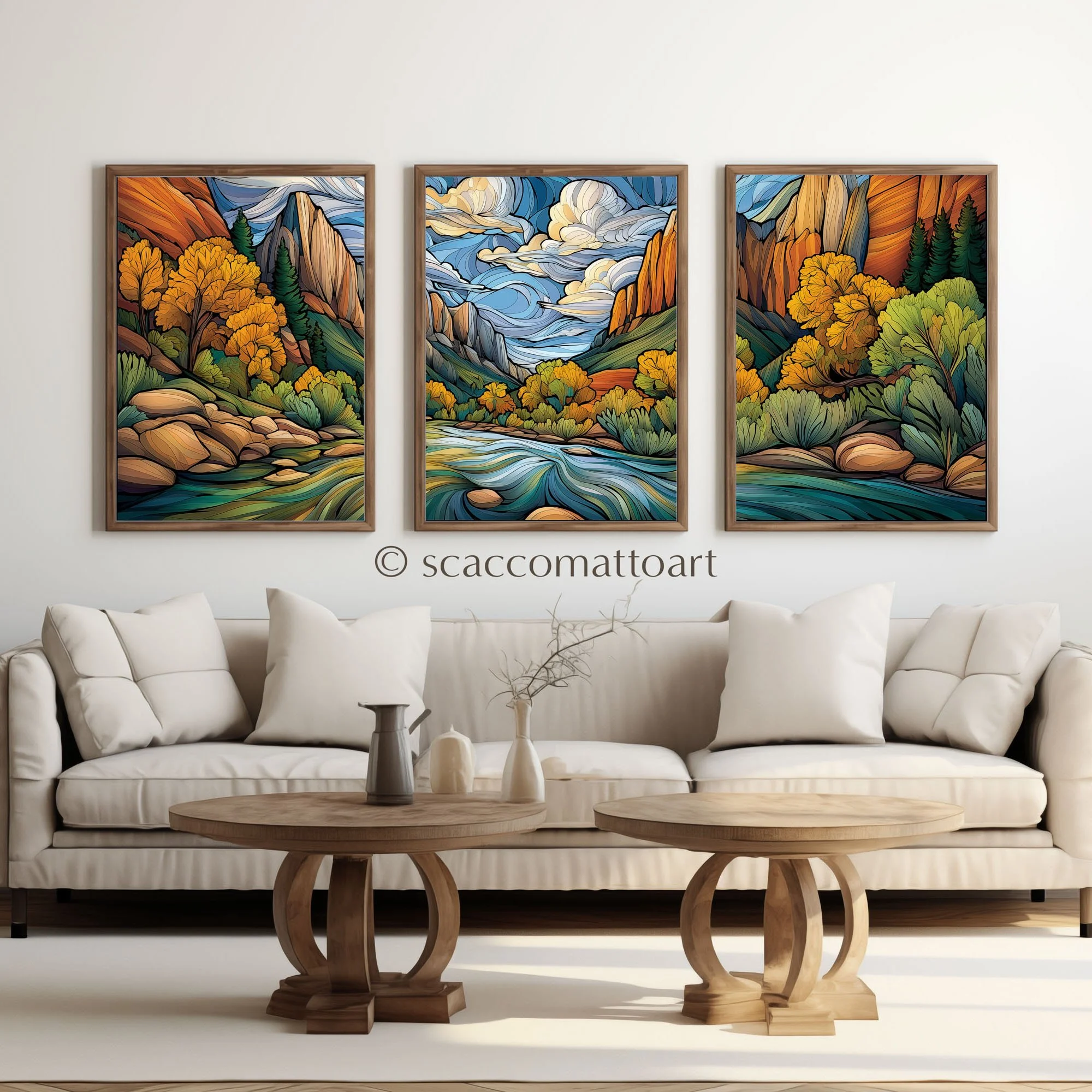 Framed Kolob Canyons Zion National Park abstract acrylic triptych shown above a cream sofa in a bright living room.