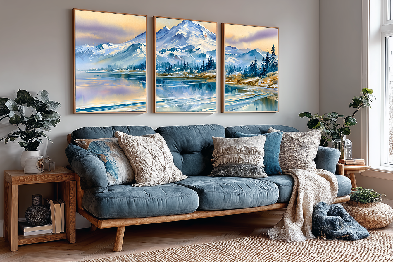 mount-baker-washington-alpine-mountain-watercolor-triptych-wall-art-set-of-3-cascade-prints-angle-living-room.webp