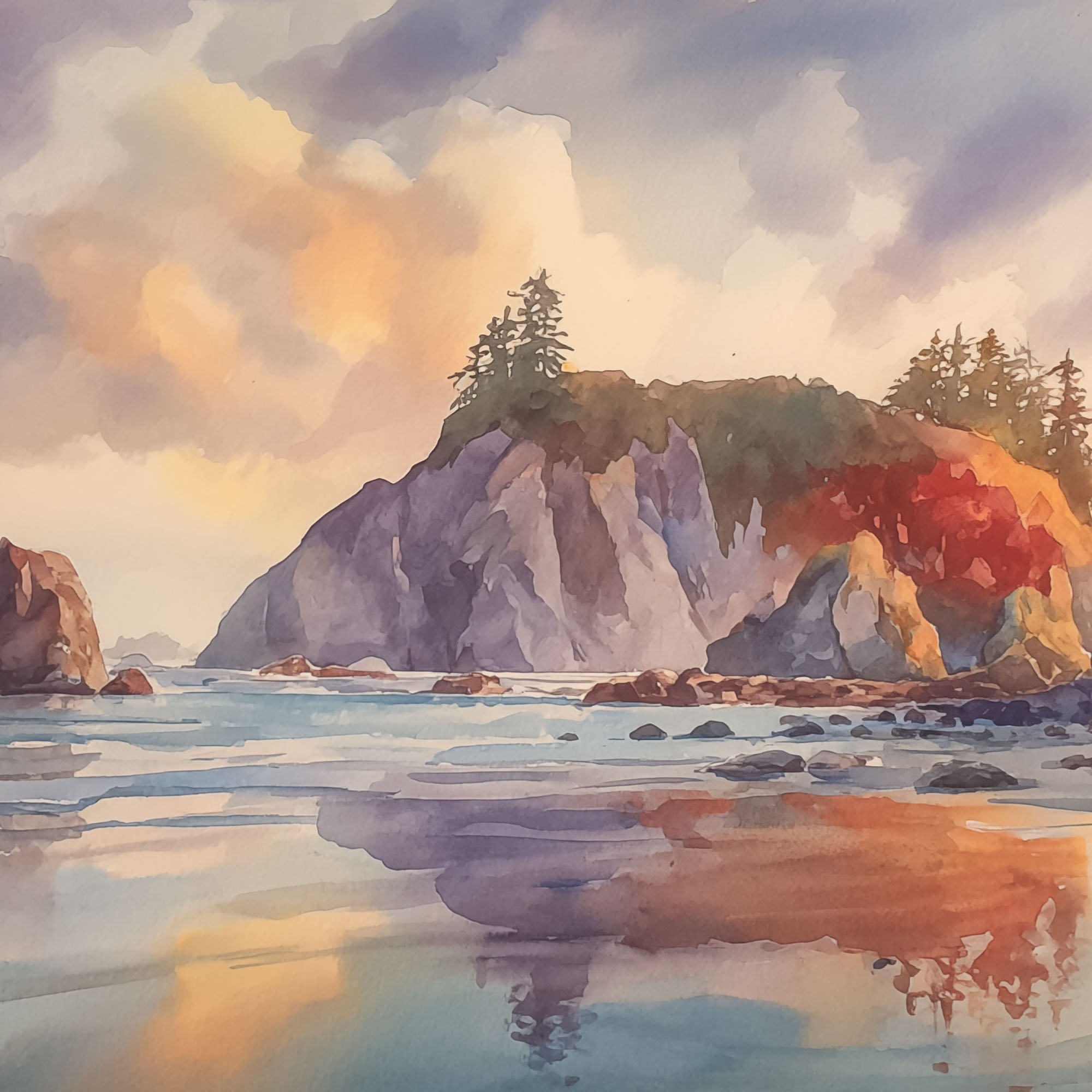 Center panel of Olympic National Park Coastal Sunset Fireworks triptych featuring glowing coastal cliffs and reflective shoreline