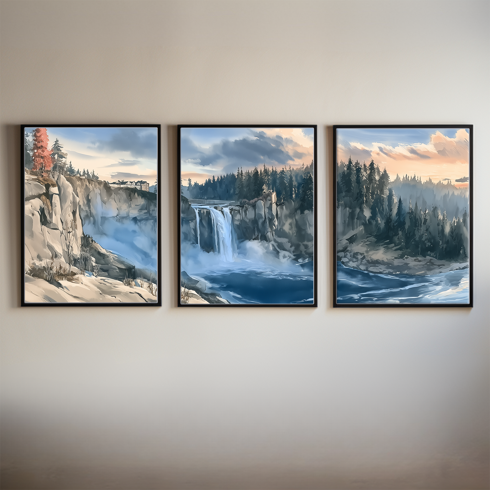 snoqualmie-falls-sunset-watercolor-triptych-wall-art-set-of-3-washington-waterfall-prints-main-thumbnail.webp