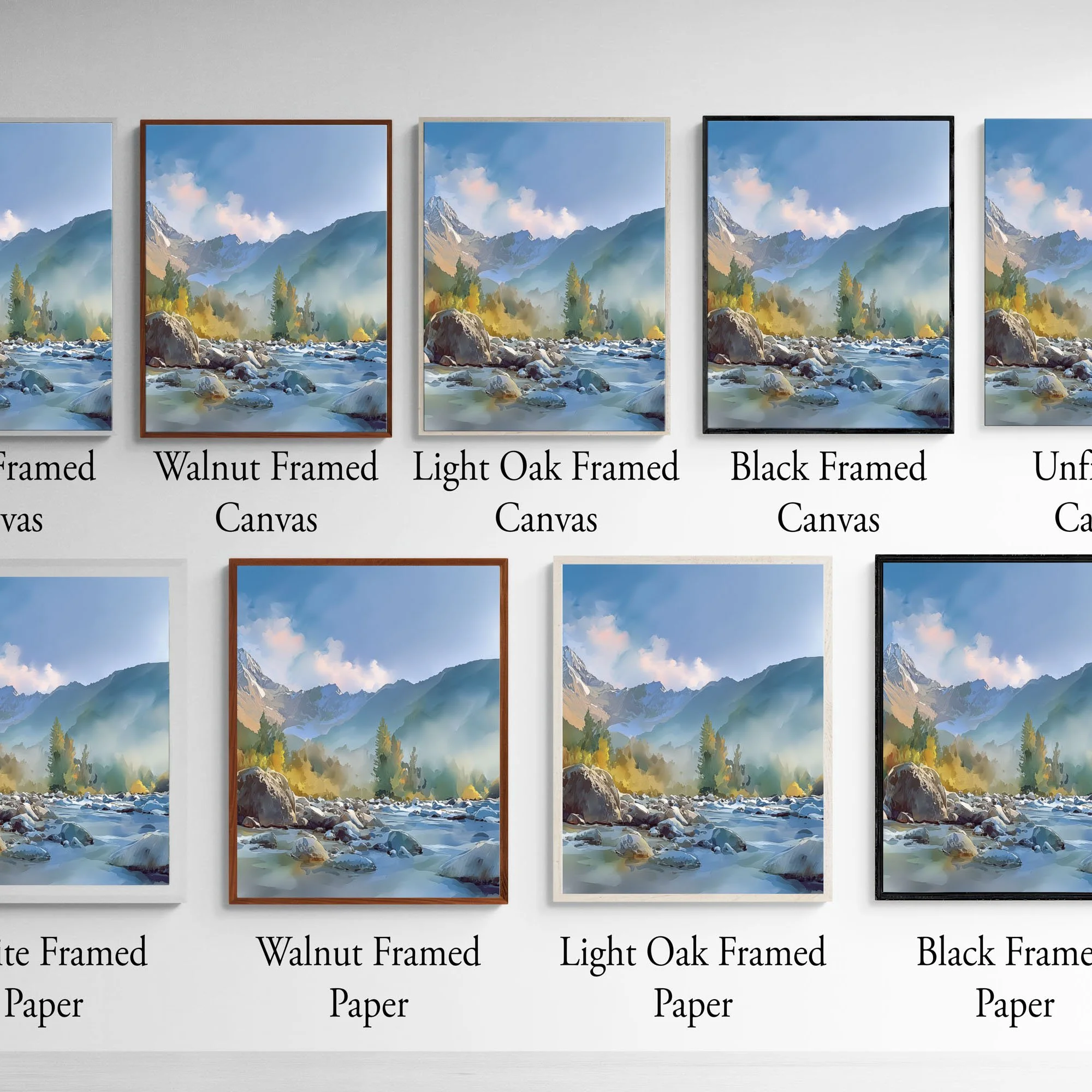 Frame and print material options for Mount Washington Olympic National Forest watercolor wall art