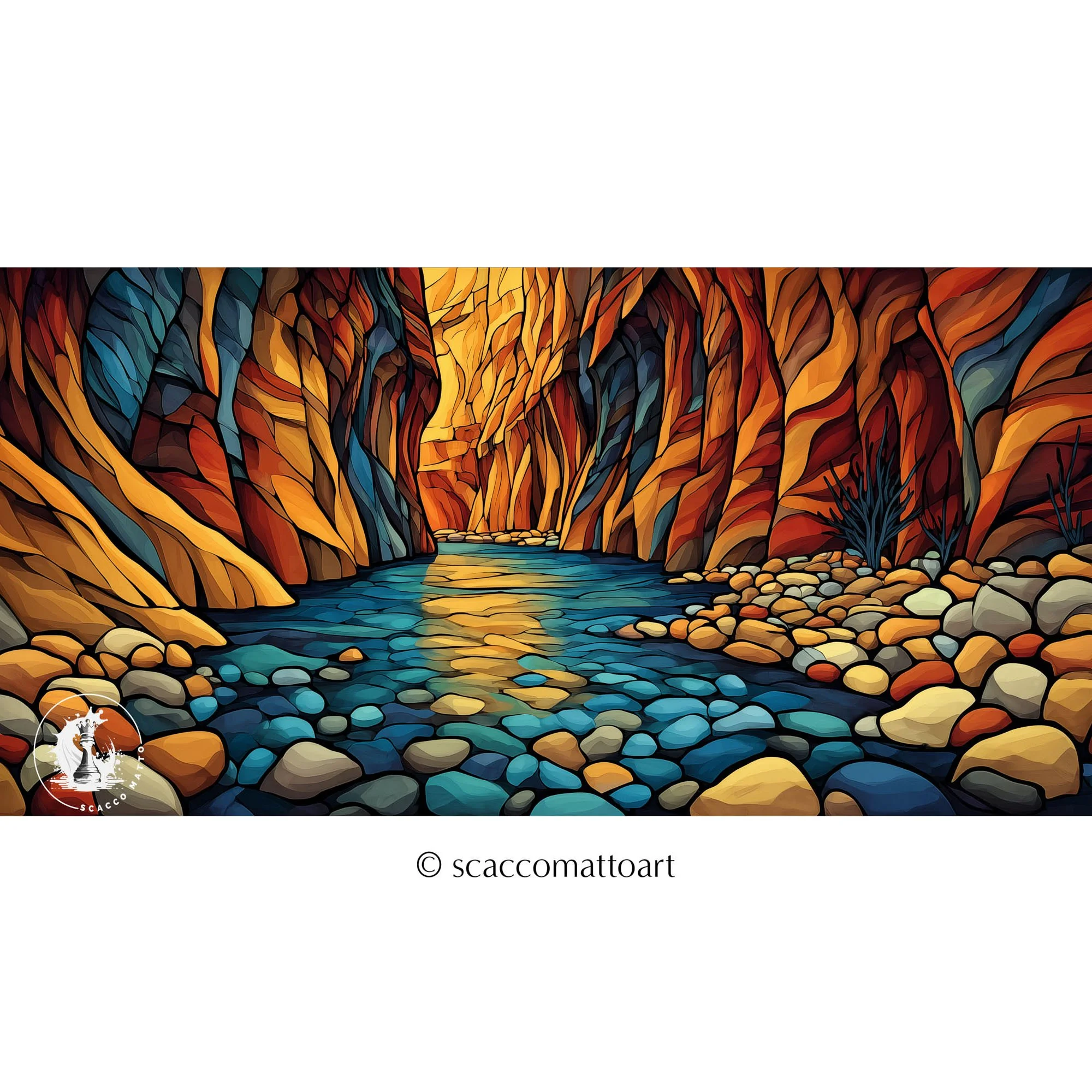 Zion National Park Zion Narrows Smooth Pebbles abstract acrylic panoramic landscape with river stones, canyon walls, and reflective water