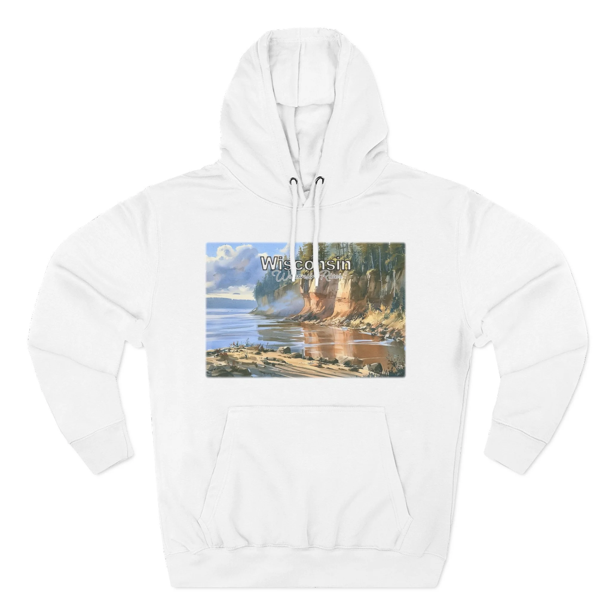 White hoodie with a Wisconsin watercolor river and bluff landscape print