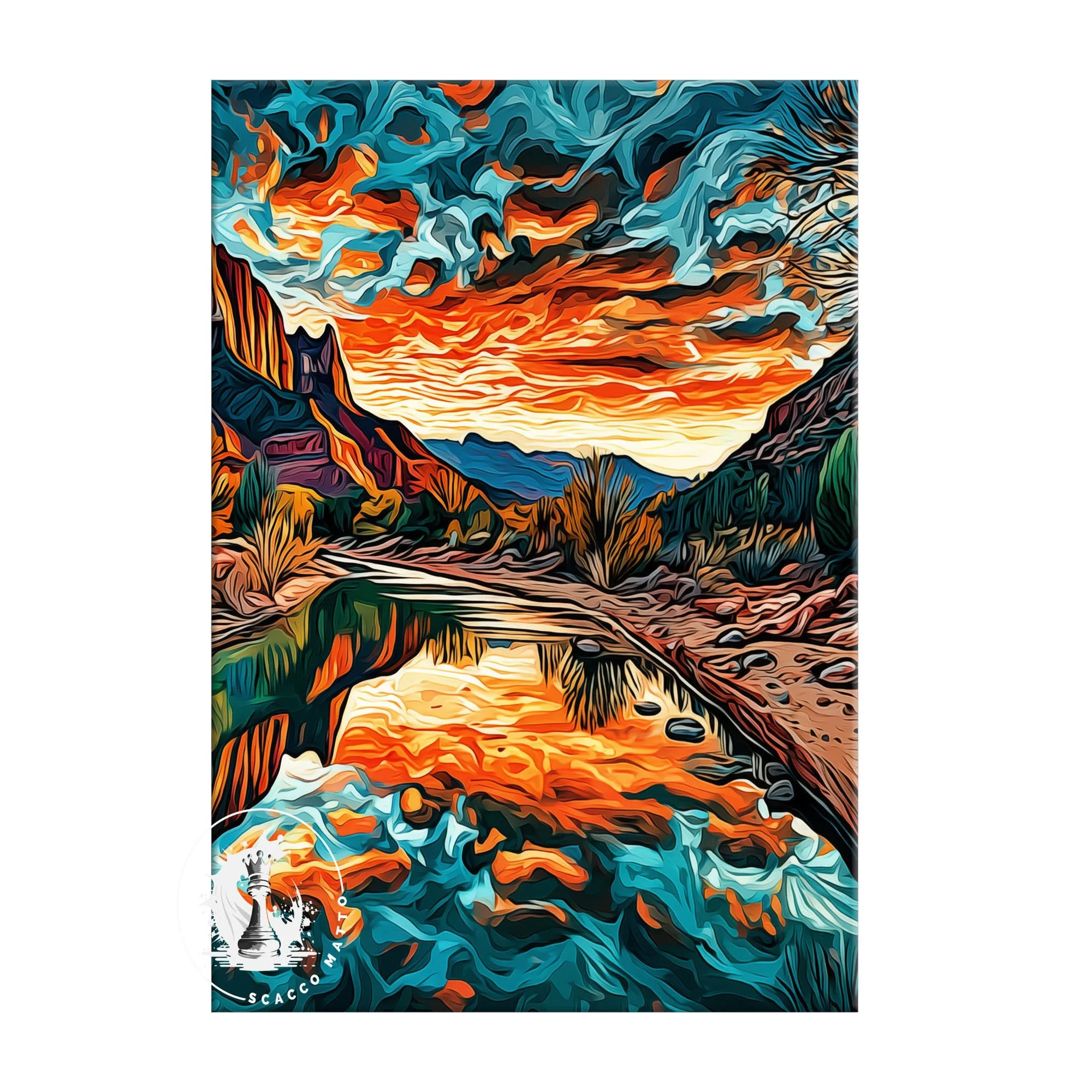 Right panel of Zion National Park Watchman Mountains at Sunset triptych featuring desert trail, bare tree, and canyon wall detail