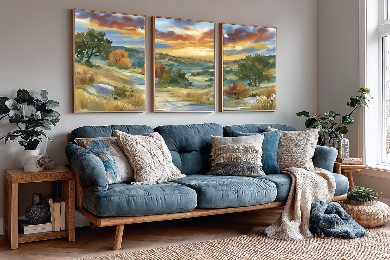 texas-hill-country-warm-landscape-watercolor-triptych-wall-art-angle-living-room.webp