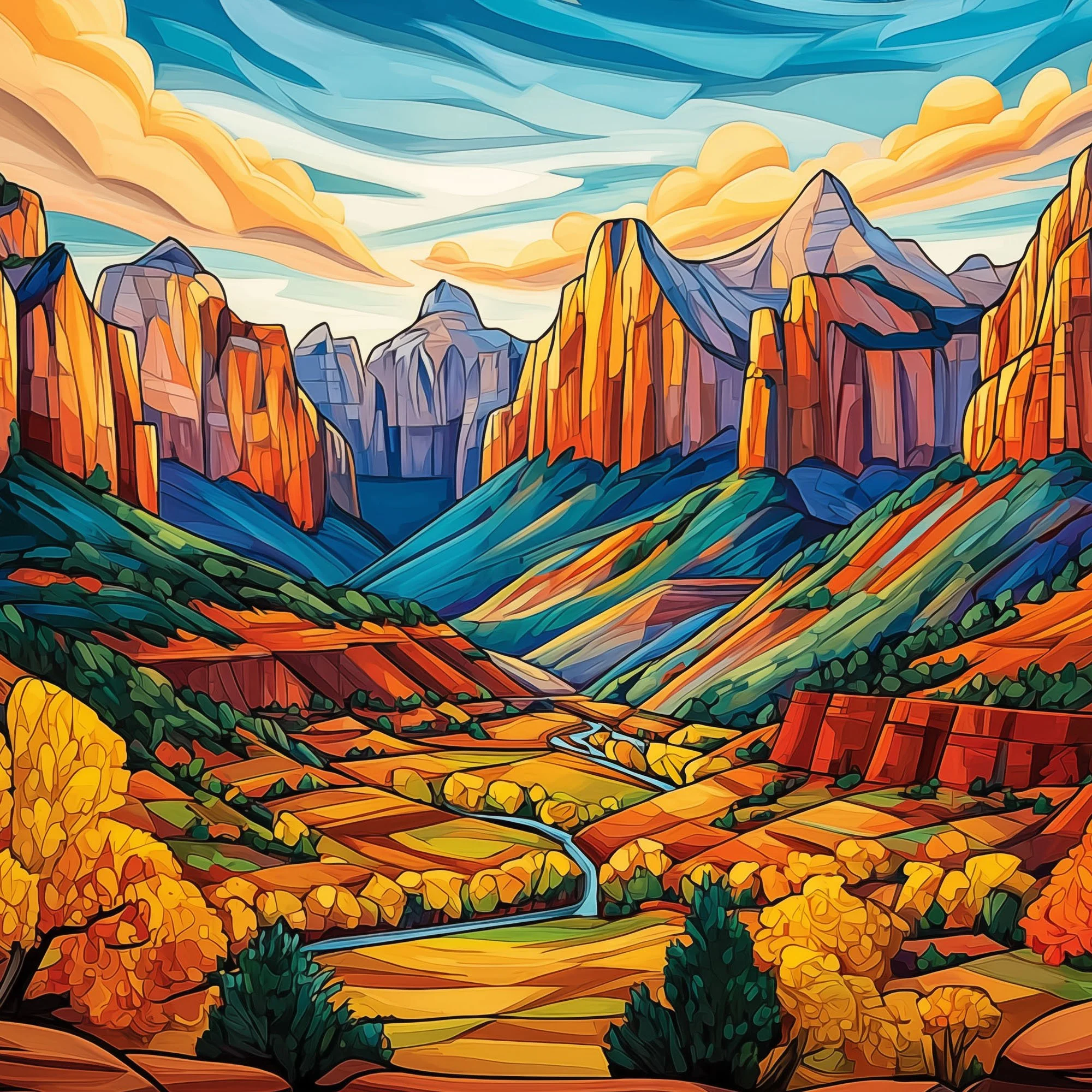 Center panel of Kolob Canyons in fall abstract acrylic artwork, featuring a glowing valley, golden trees, layered cliffs, and a bright sky.