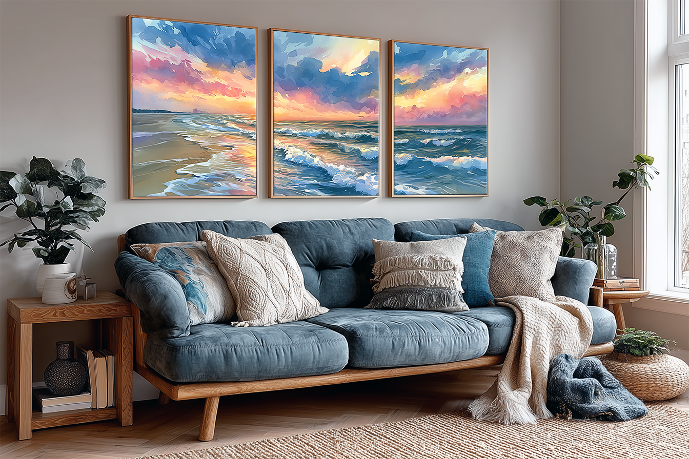 outer-banks-beach-sunset-north-carolina-watercolor-triptych-wall-art-angle-living-room.webp