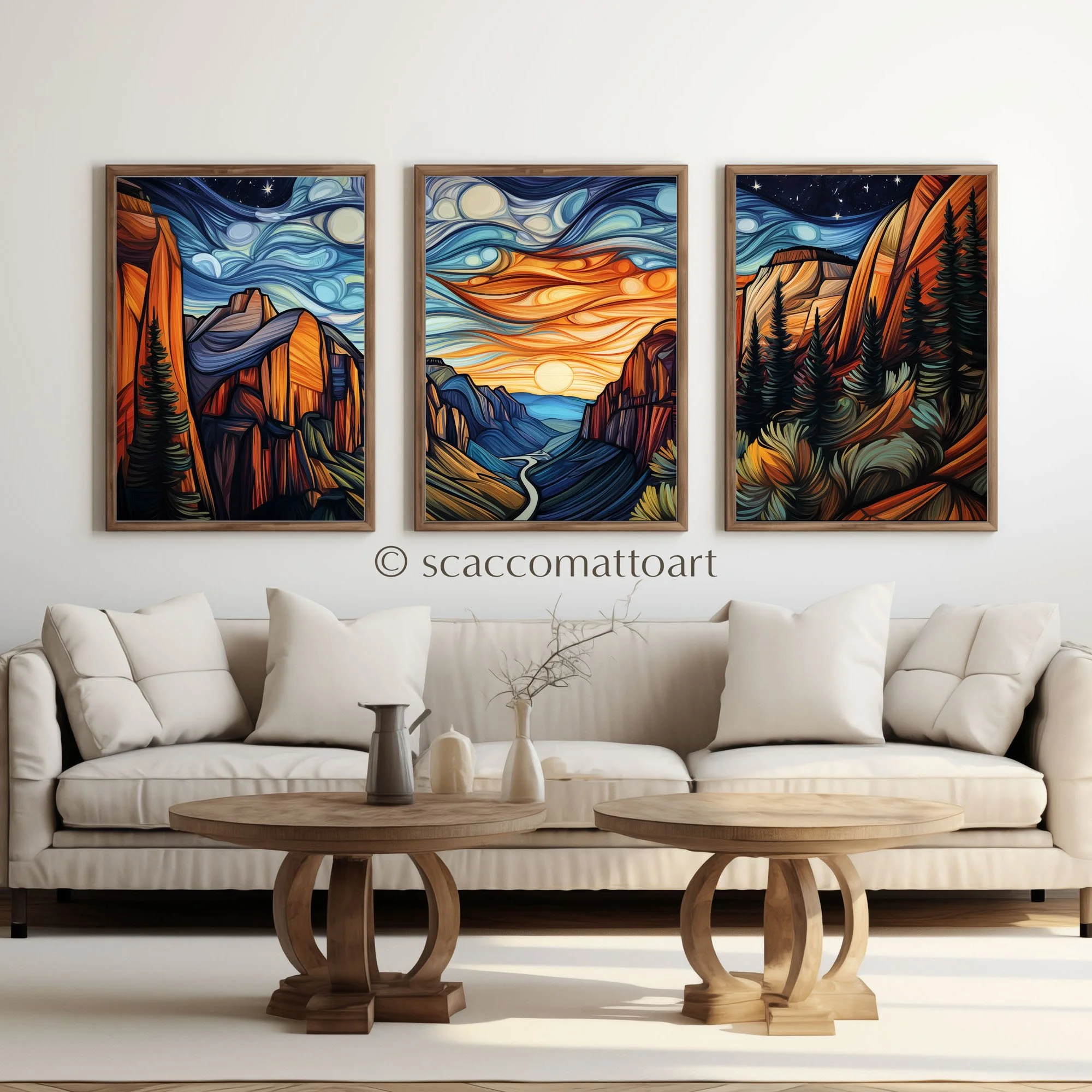 Zion National Park Zion Canyon Overlook Sunrise abstract acrylic triptych displayed above a cream living room sofa