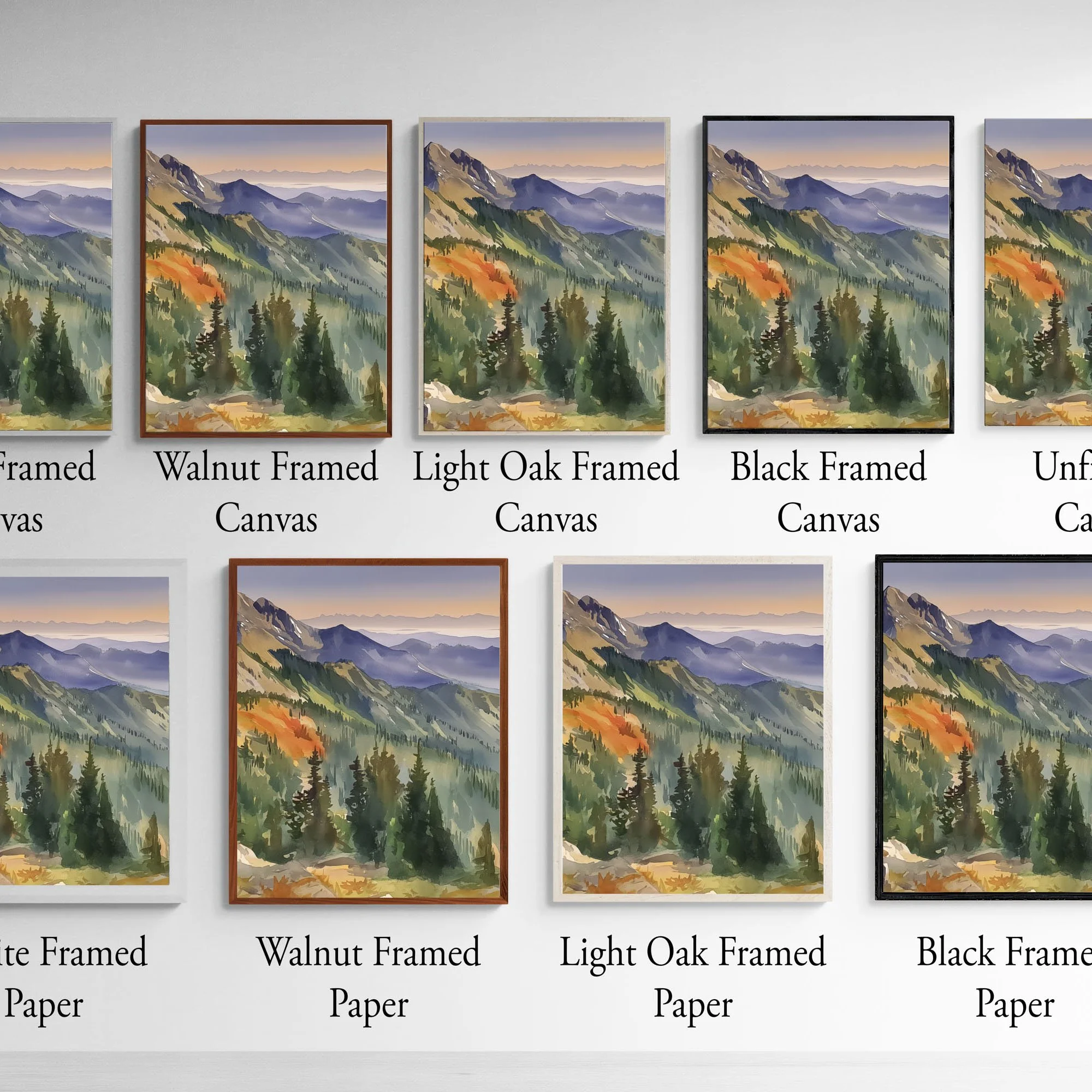 Frame and print material options for Olympic National Park Distant Mist watercolor wall art