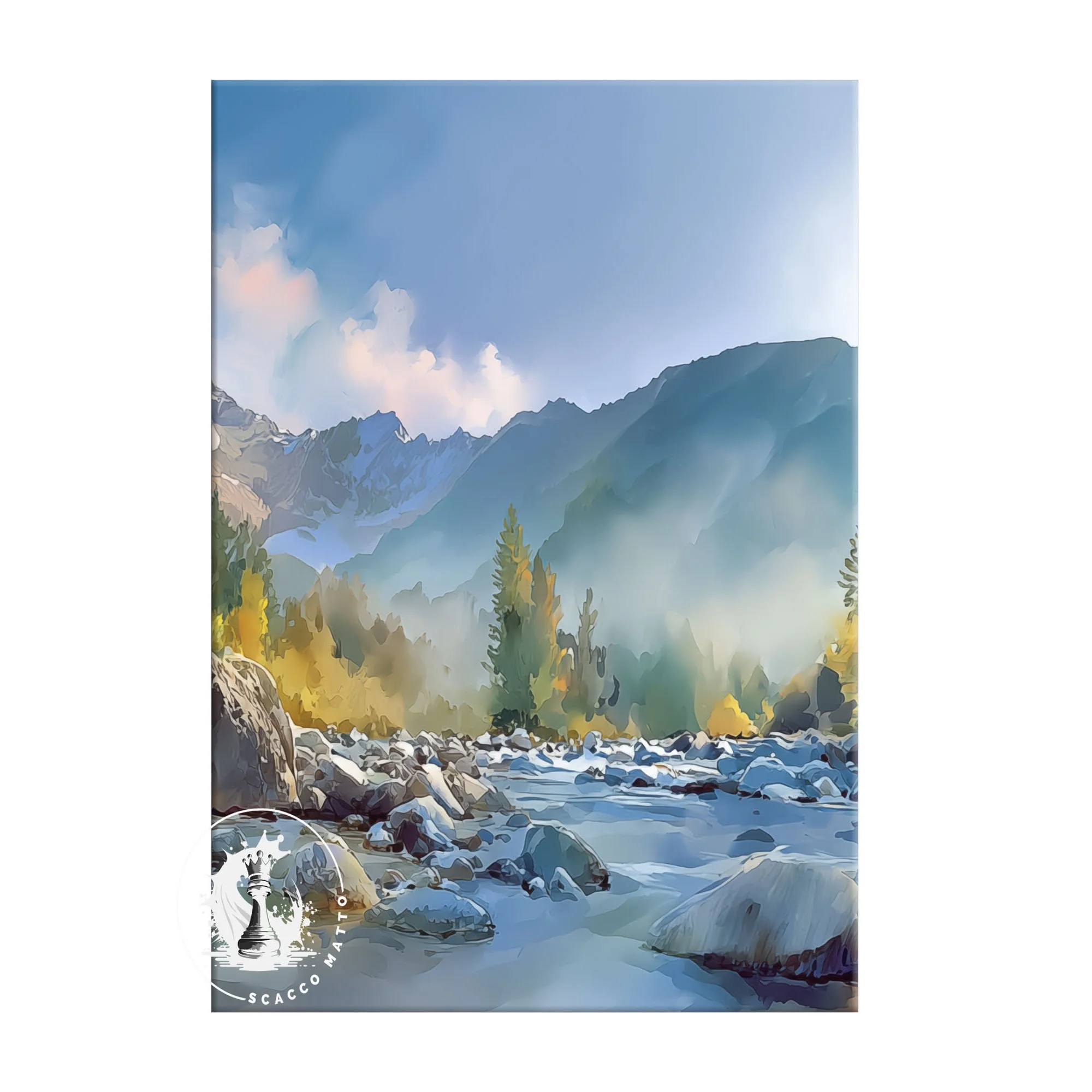 Center panel of Mount Washington Olympic National Forest triptych featuring river, misty mountains, and open sky