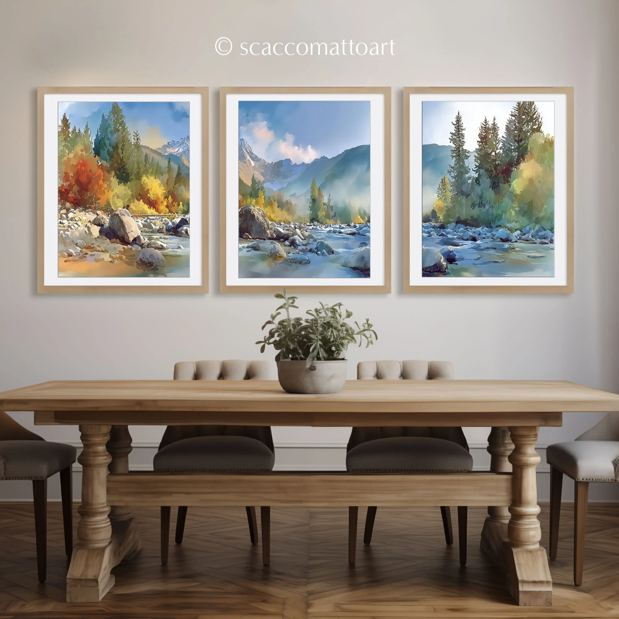 Mount Washington Olympic National Forest watercolor triptych displayed above a rustic dining table