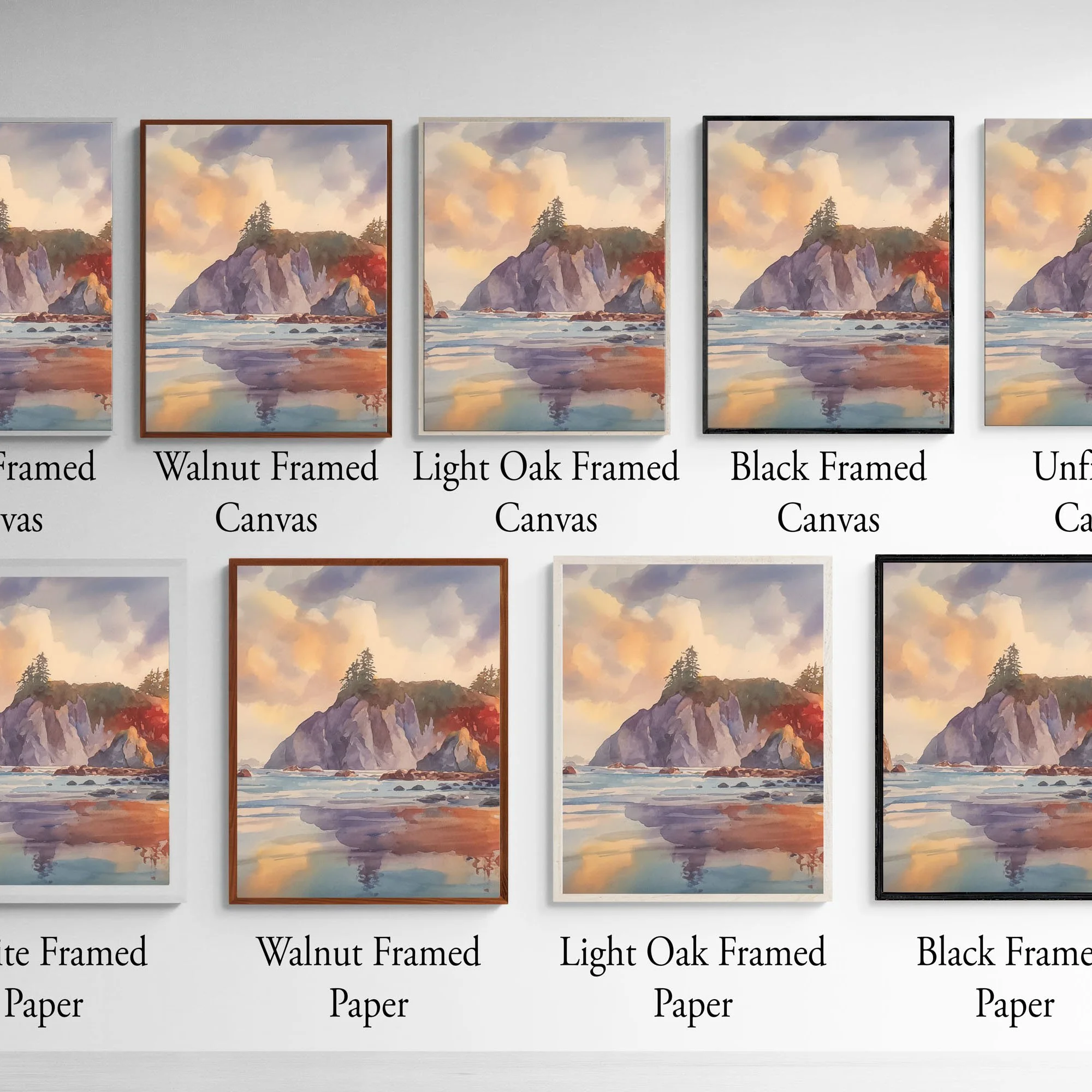 Frame and print material options for Olympic National Park Coastal Sunset Fireworks wall art