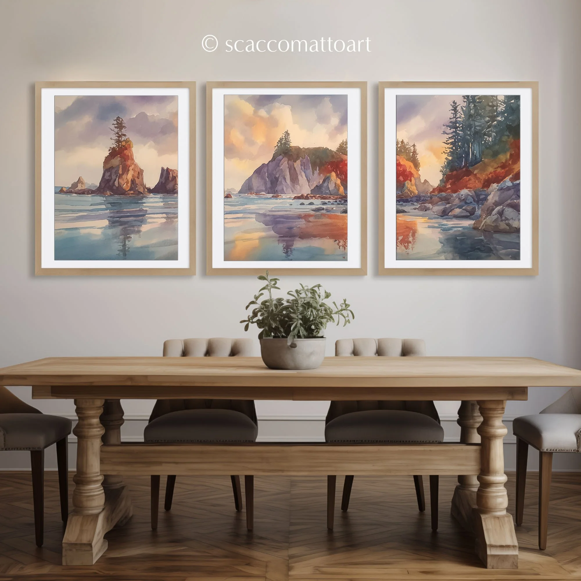 Olympic National Park Coastal Sunset Fireworks triptych displayed above a rustic dining table