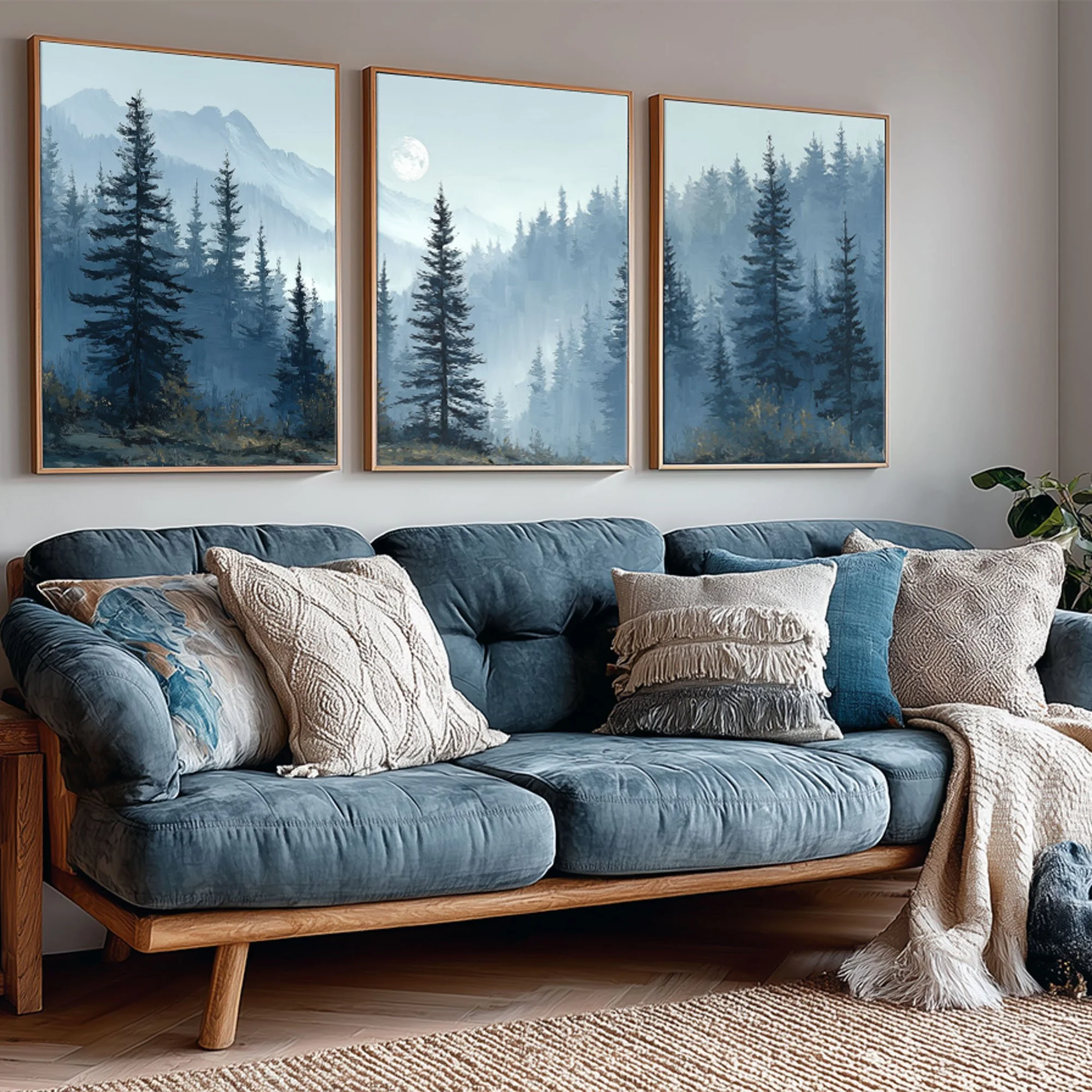 Olympic National Park by Moonlight watercolor triptych styled above a blue sofa