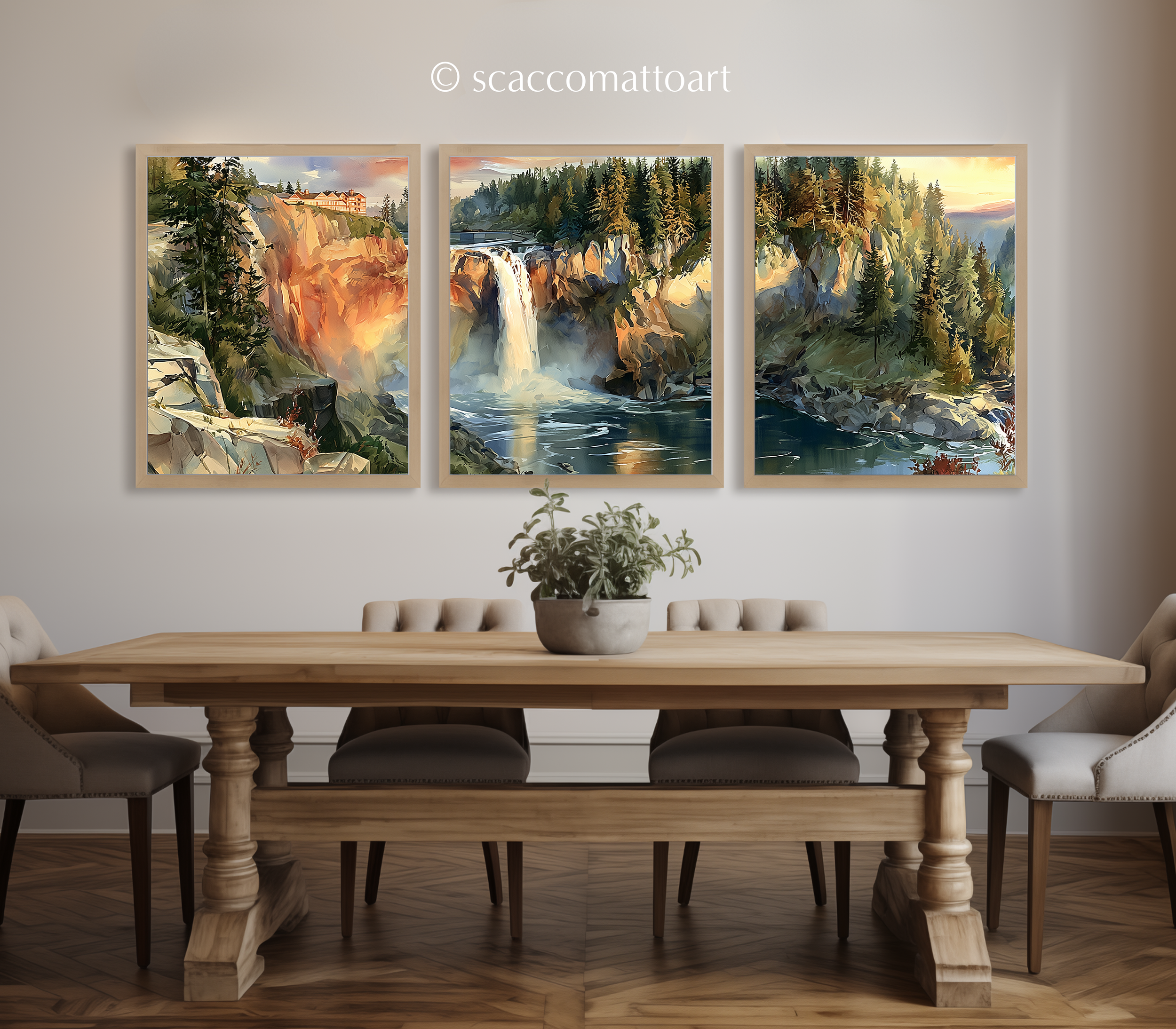 snoqualmie-falls-sunrise-watercolor-triptych-wall-art-set-of-3-washington-waterfall-prints-dining-room.webp