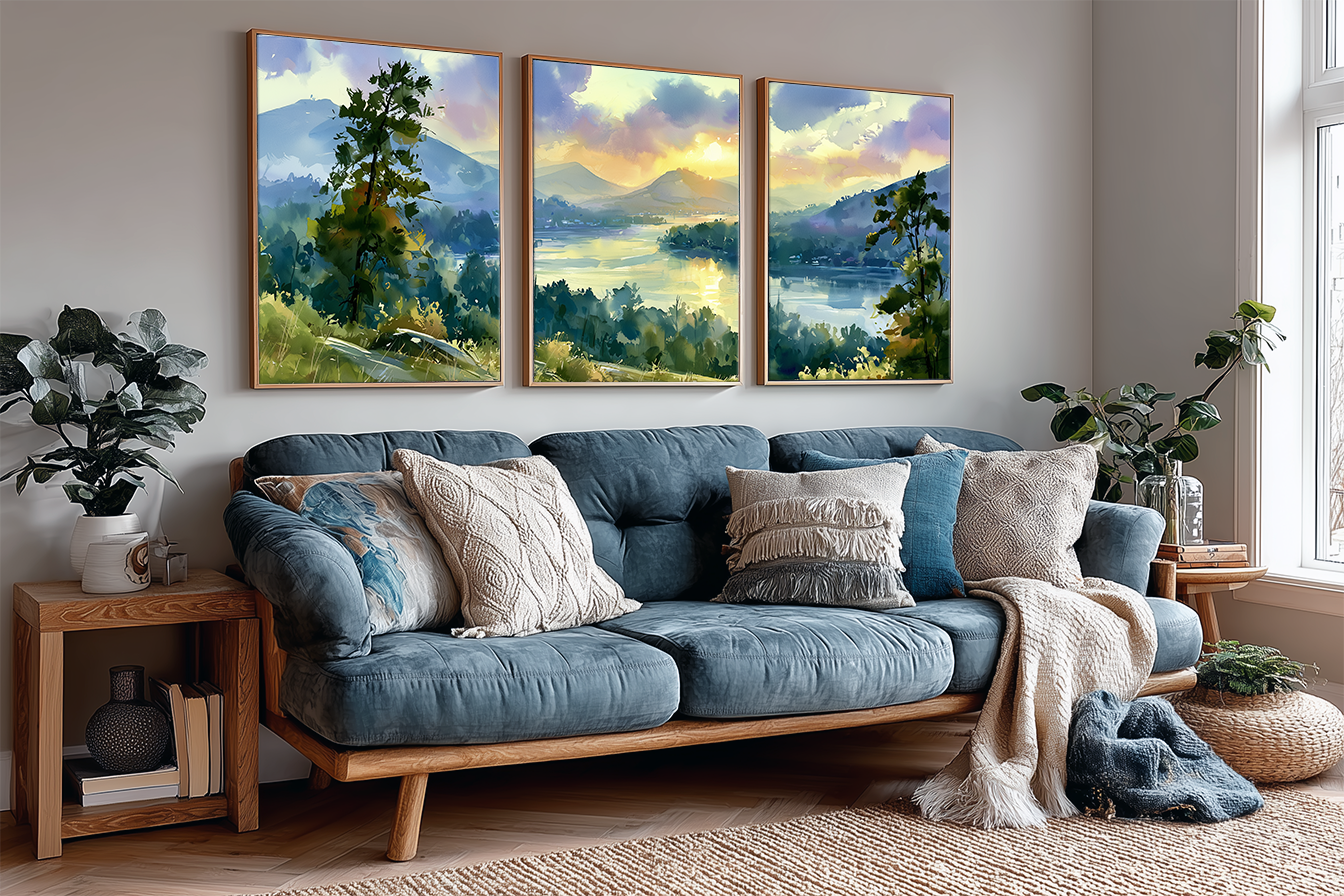 lake-lure-north-carolina-sunset-watercolor-triptych-wall-art-angle-living-room.webp