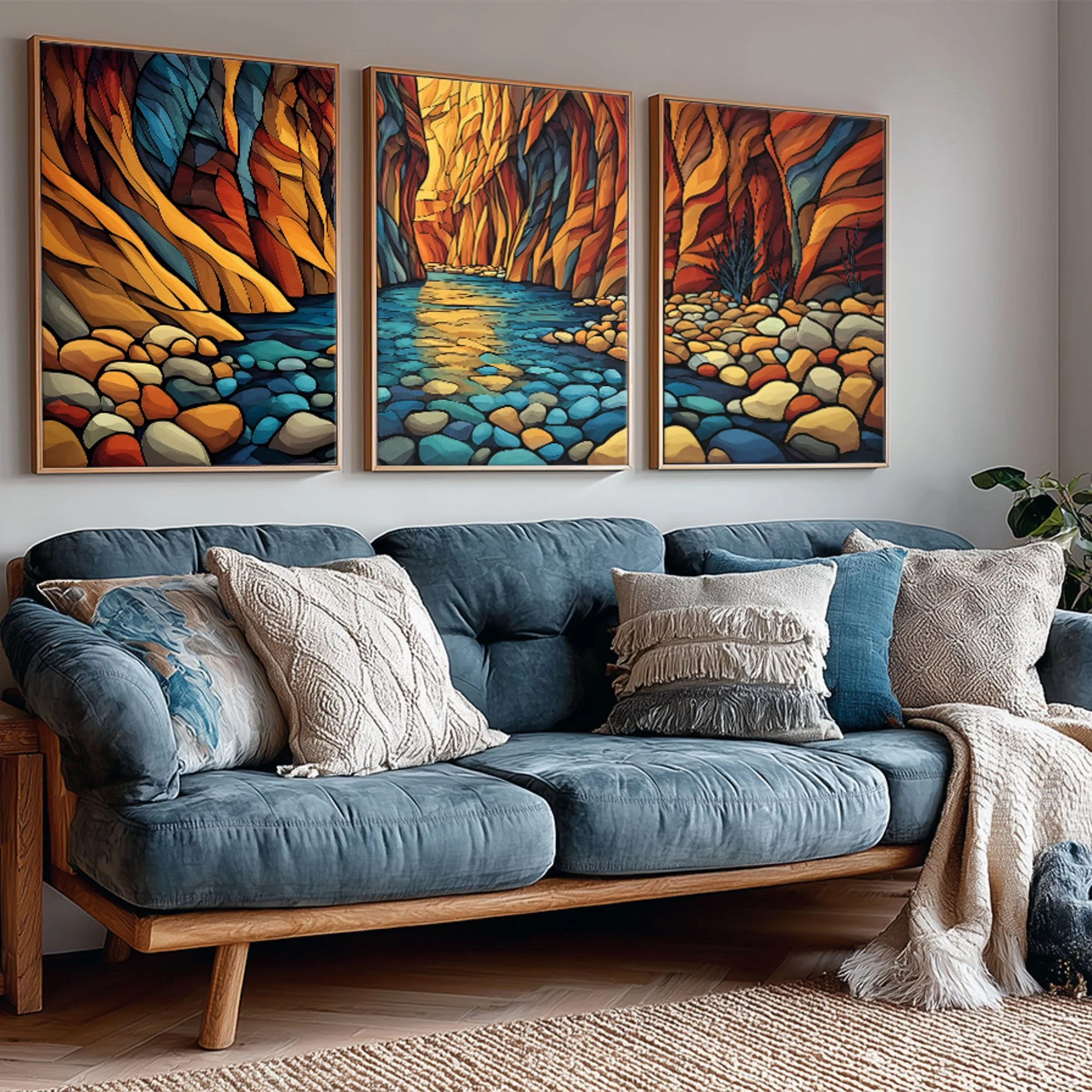 Zion National Park Zion Narrows Smooth Pebbles abstract acrylic triptych styled above a blue sofa
